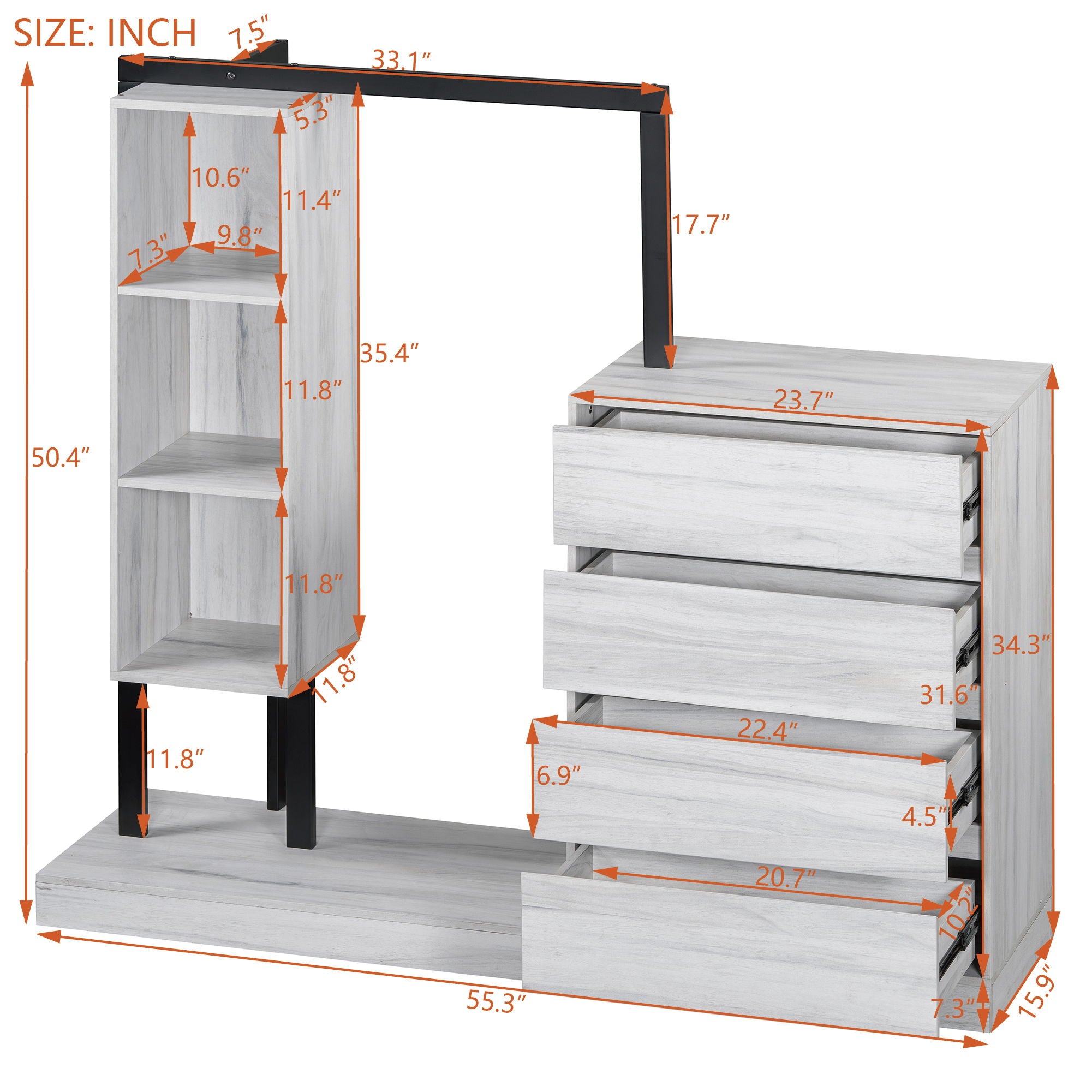 Wardrobe With 4 Drawers And 3 Shelves