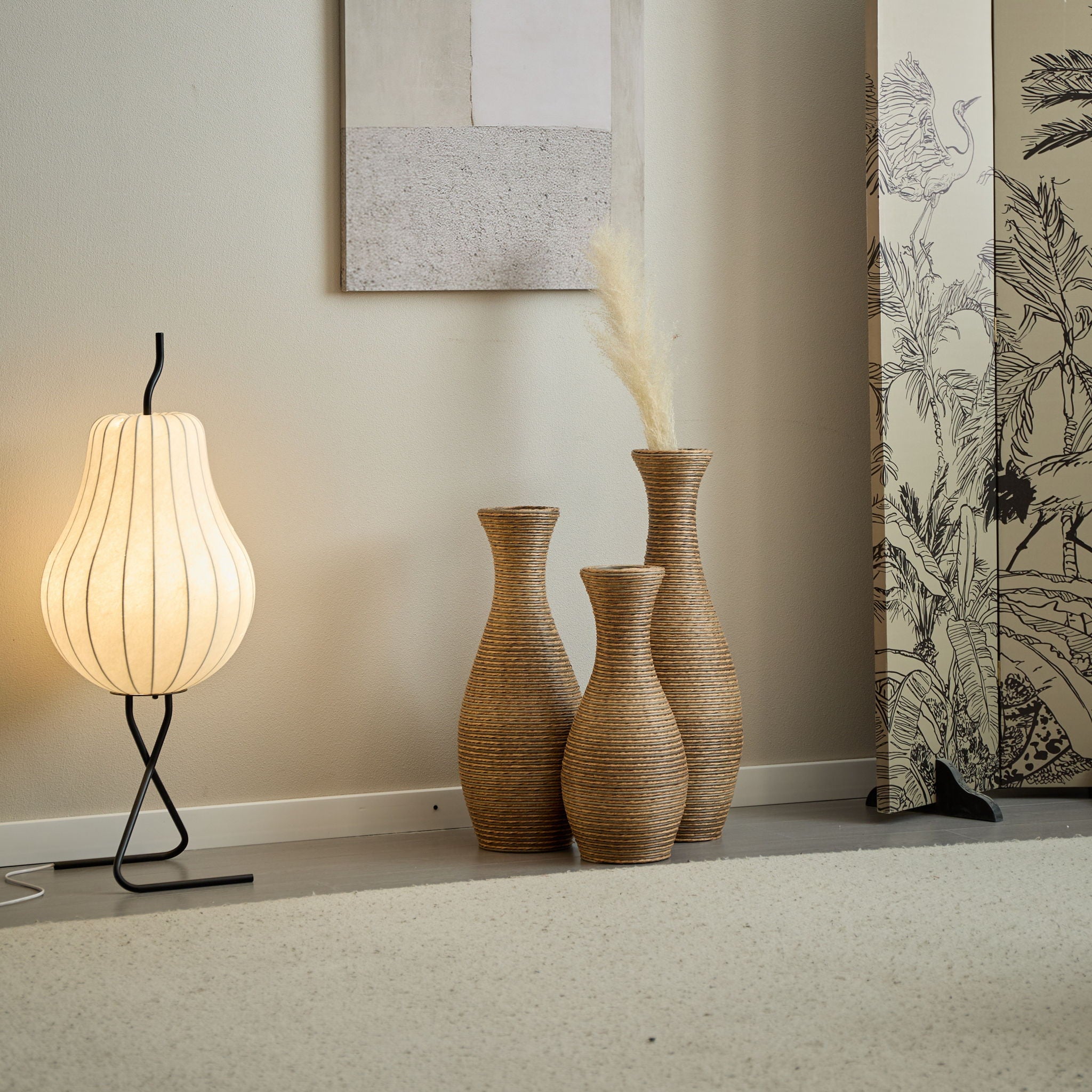 3 Piece Artificial Rattan Floor Vase Set Decorative Accent For Living Room, Hallway & Entryway, Ideal For Dried Or Silk Flower Arrangements - Beige