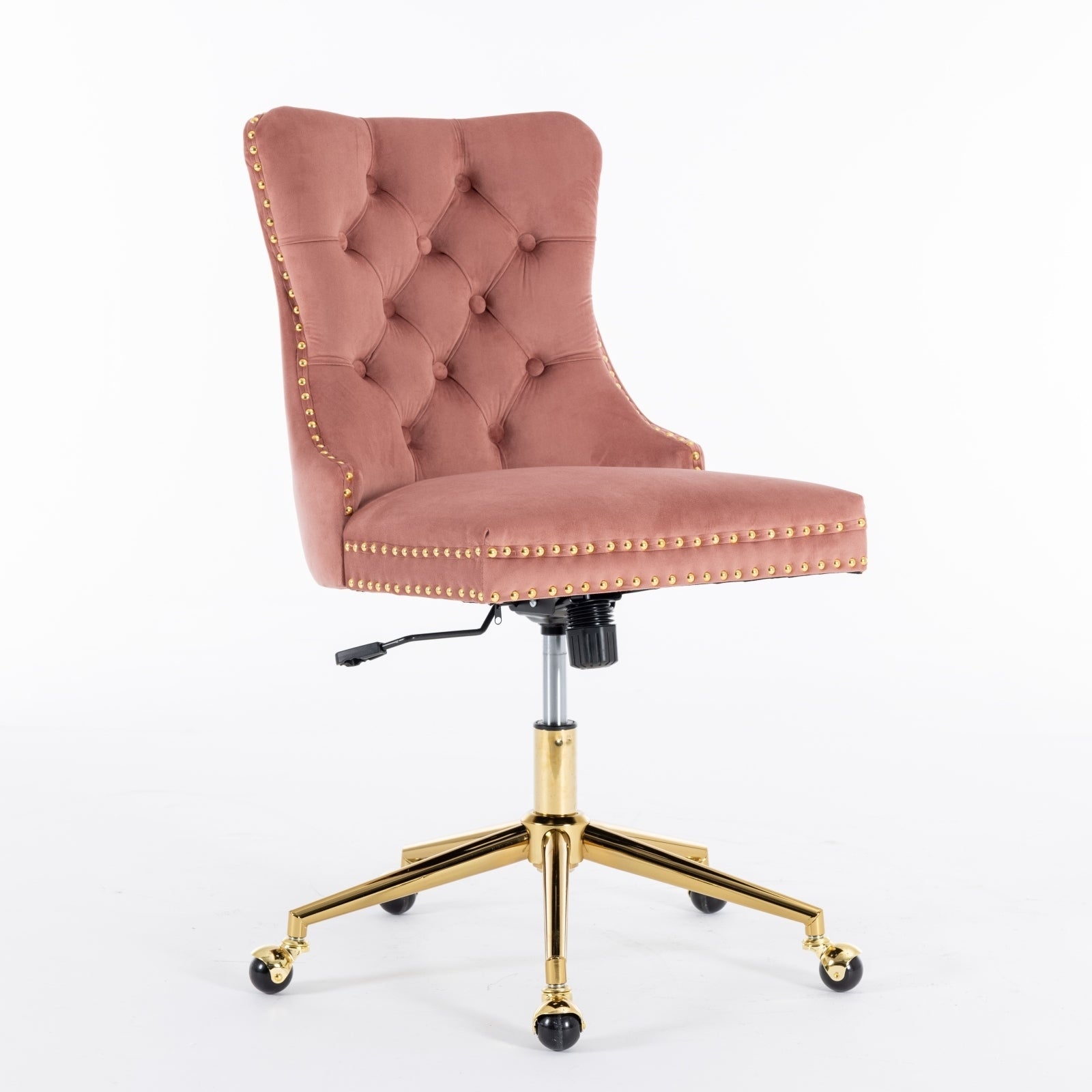 Velvet upholstered tufted chair with golden metal adjustable swivel base