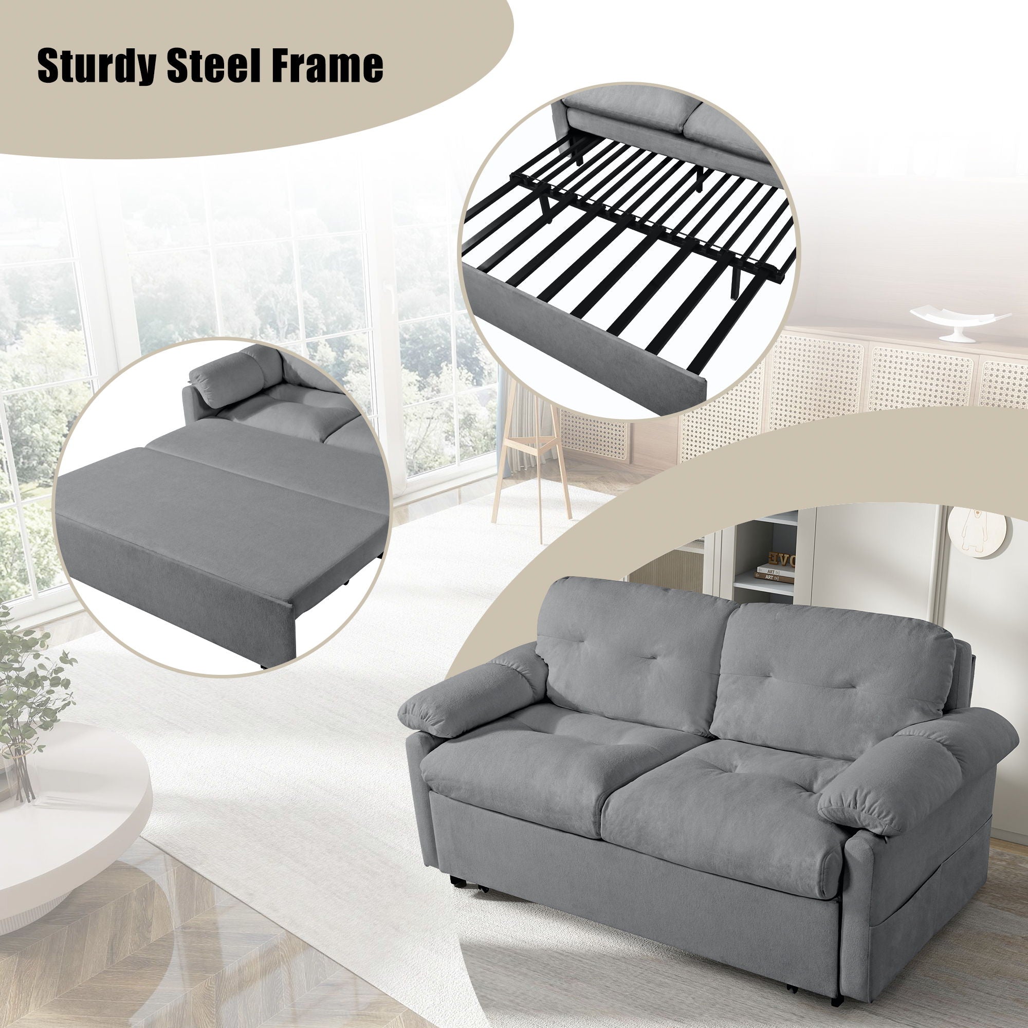 Convertible Pull Out Sofa Bed Queen Size, 3 In 1 With Side Storage