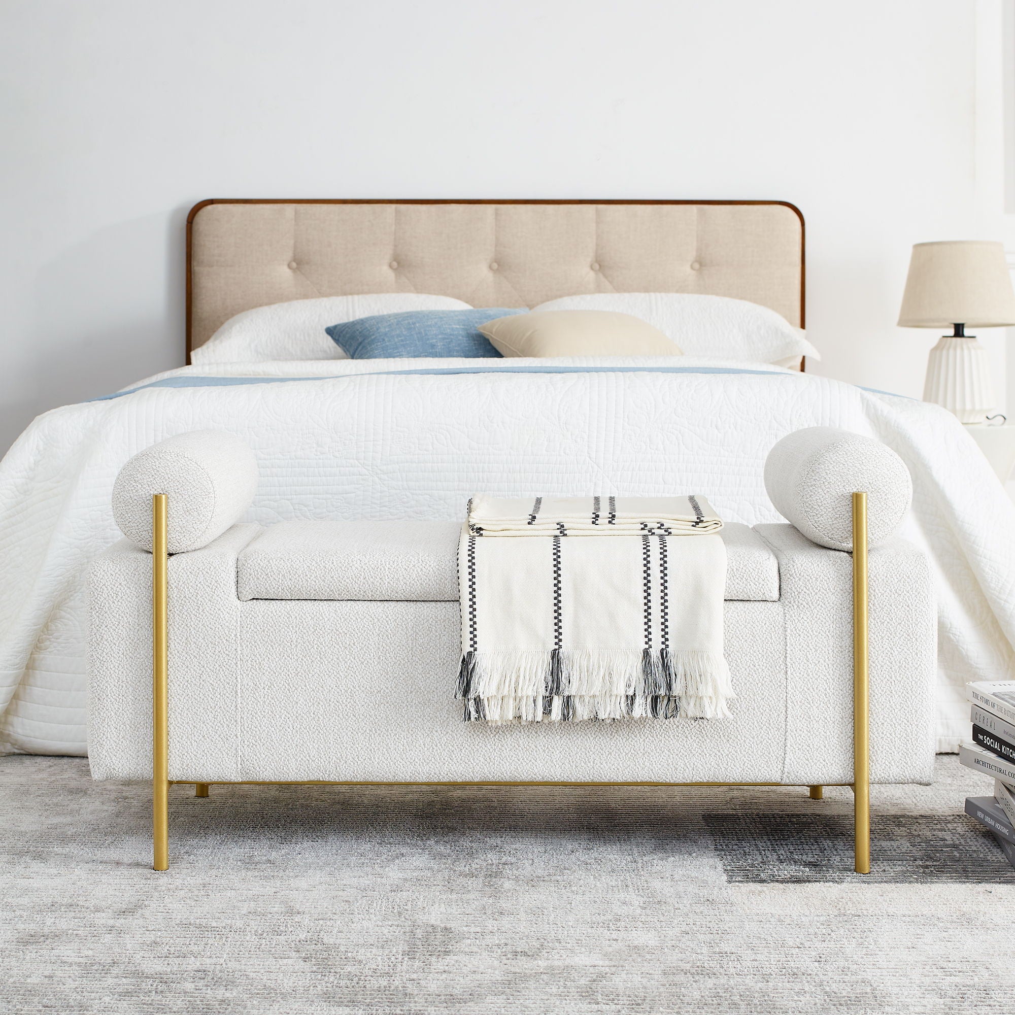 Elegant Upholstered Linen Storage Bench With Cylindrical Arms And Iron Legs, White