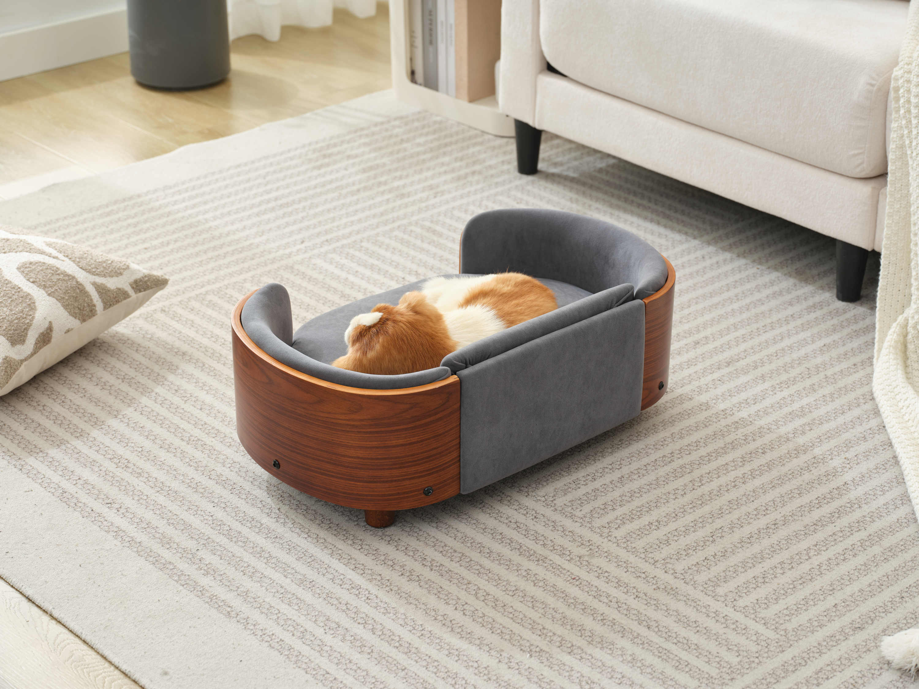 Scandinavian Style Elevated Dog Bed with Solid Walnut Wood Legs