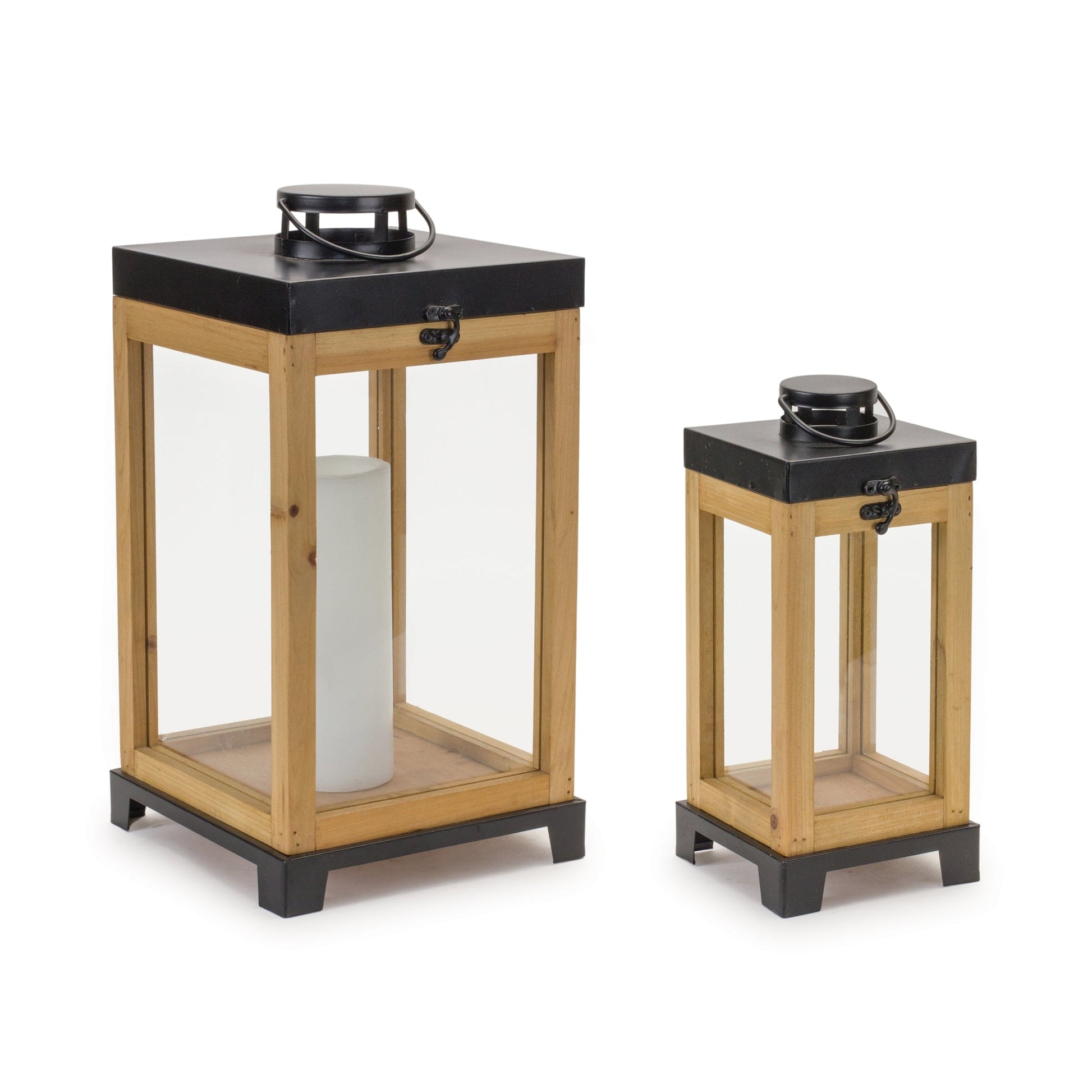 Wood-box-lantern-on-metal-stand-(set-of-2)-Outdoor-Lighting
