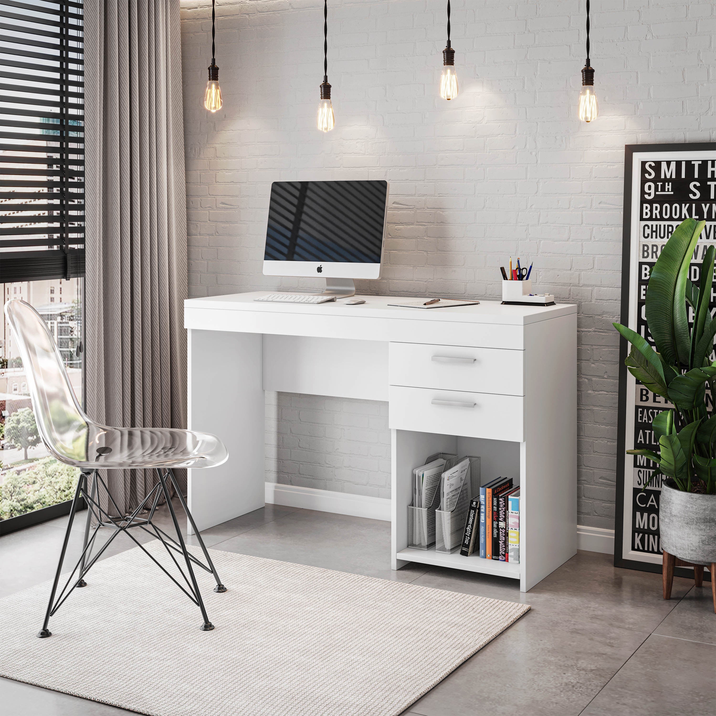 Techni Mobili Home Office Workstation with Storage, White