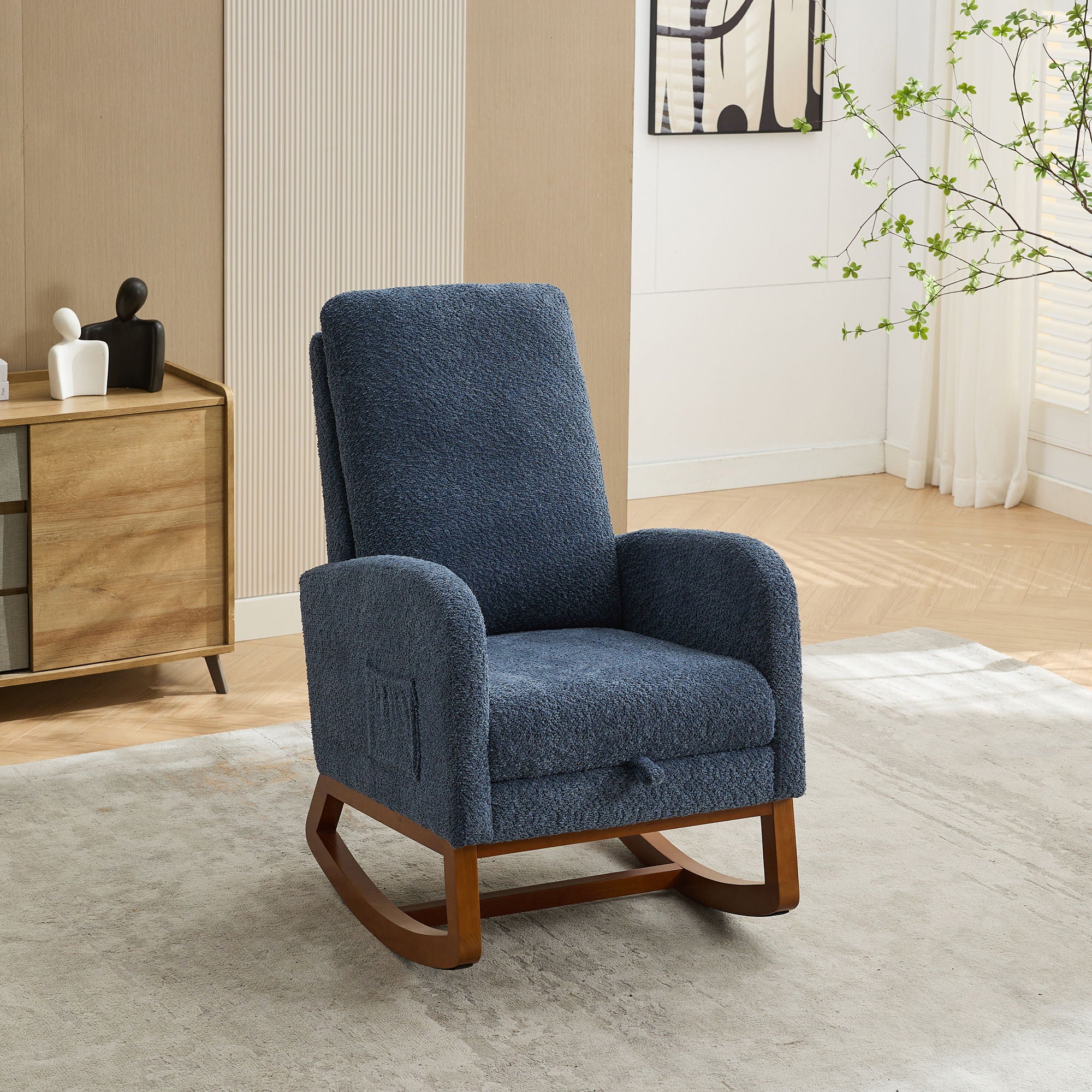 Rocking High Back Glider Chair With Retractable Footrest, Side Pocket