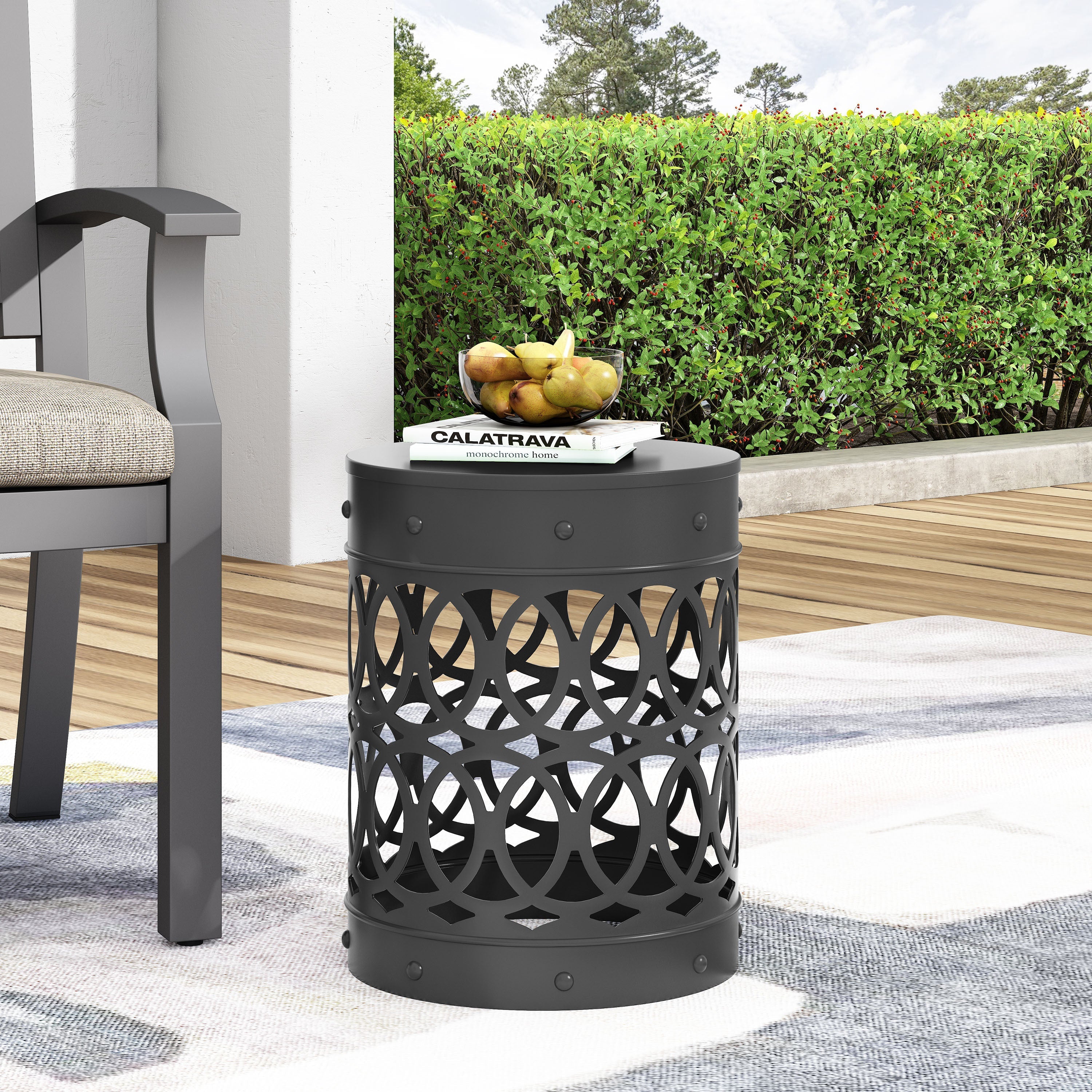 Modern Outdoor Metal End Table with Iron Cut Design in Black