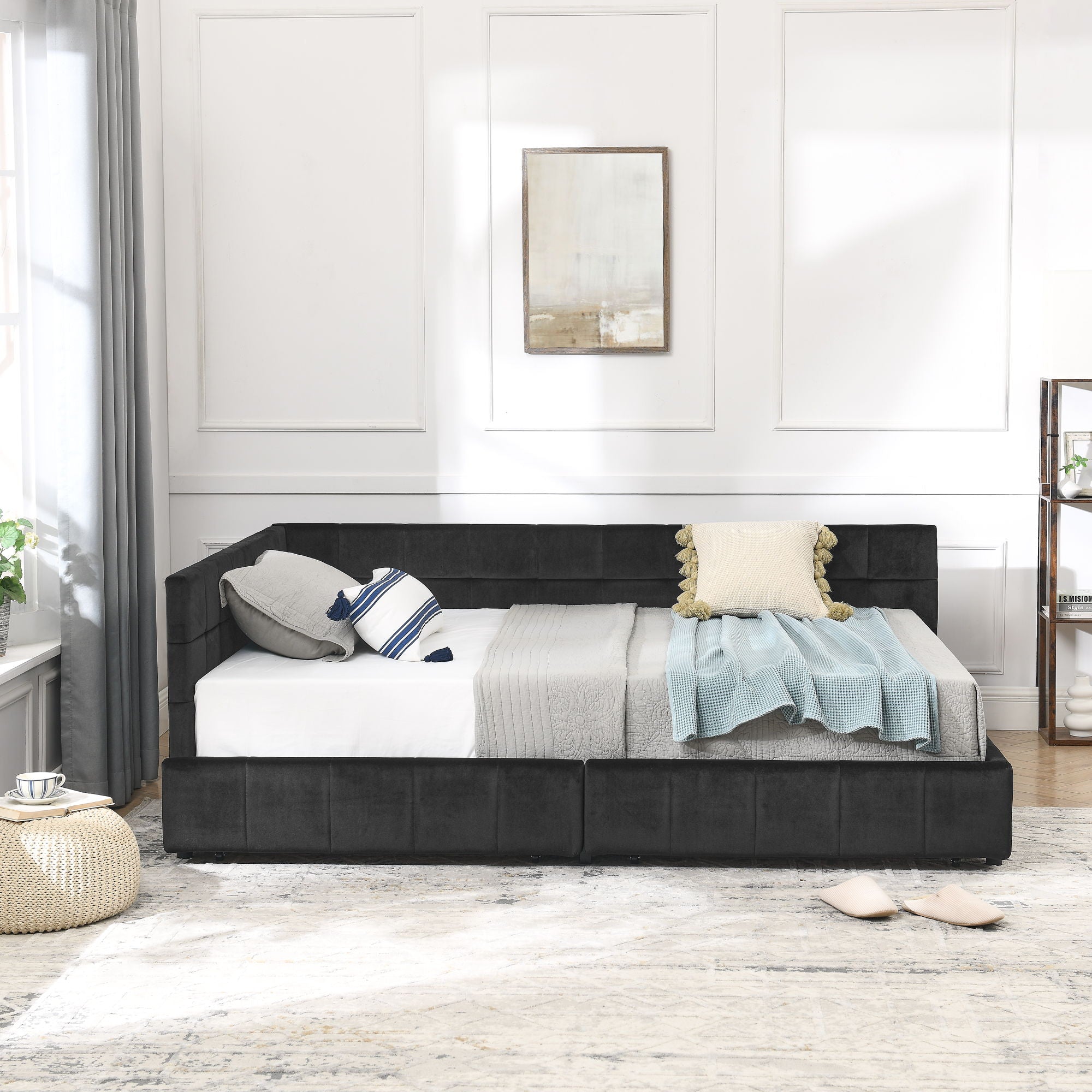 Mid-Century Storage Upholstered Tufted Bed Frame With Backrest And Armrests