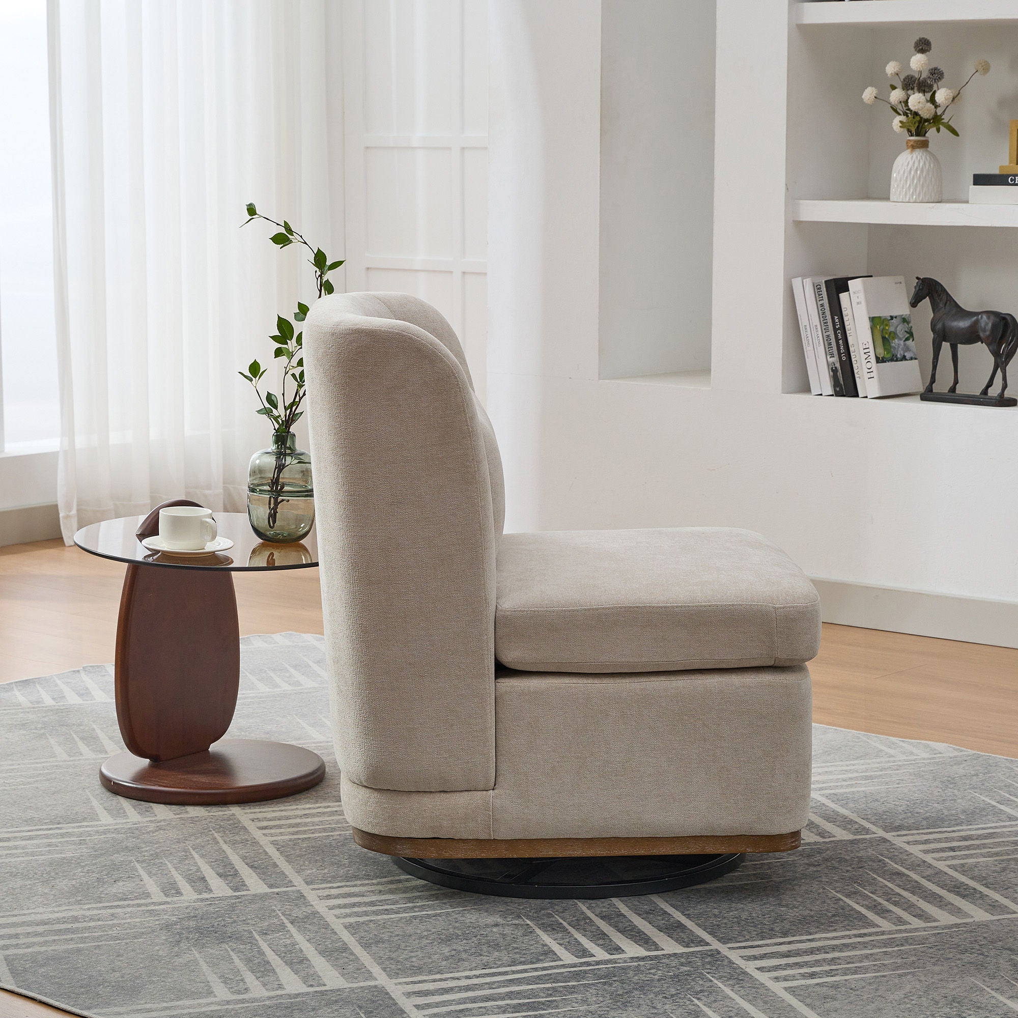 Wide Modern Chenille Cushioned Armless Metal Base 360° Swivel Chair With Pillow
