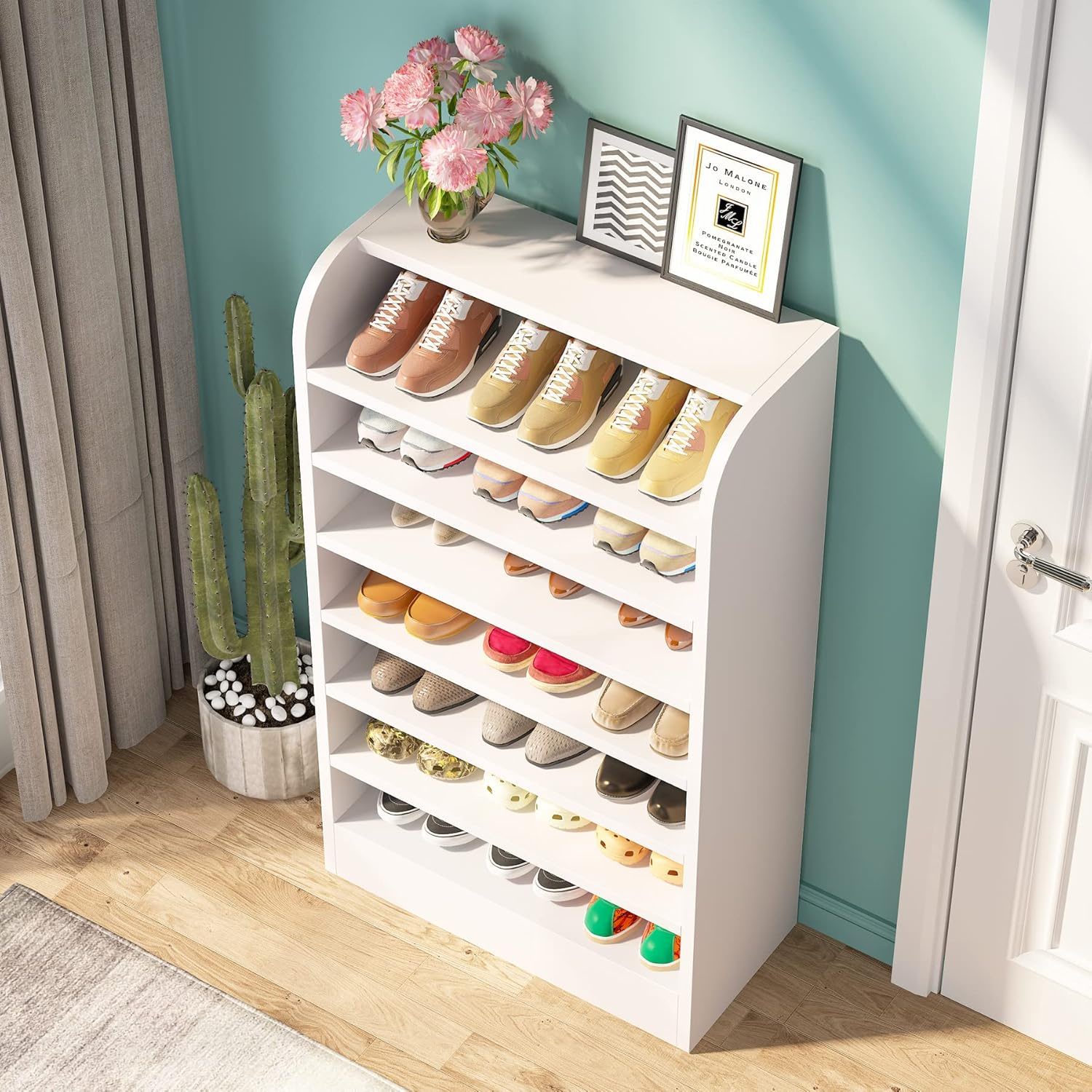 8 Tier Tall Shoe Rack, Wooden Shoe Storage Cabinet, Entryway Organizer - White