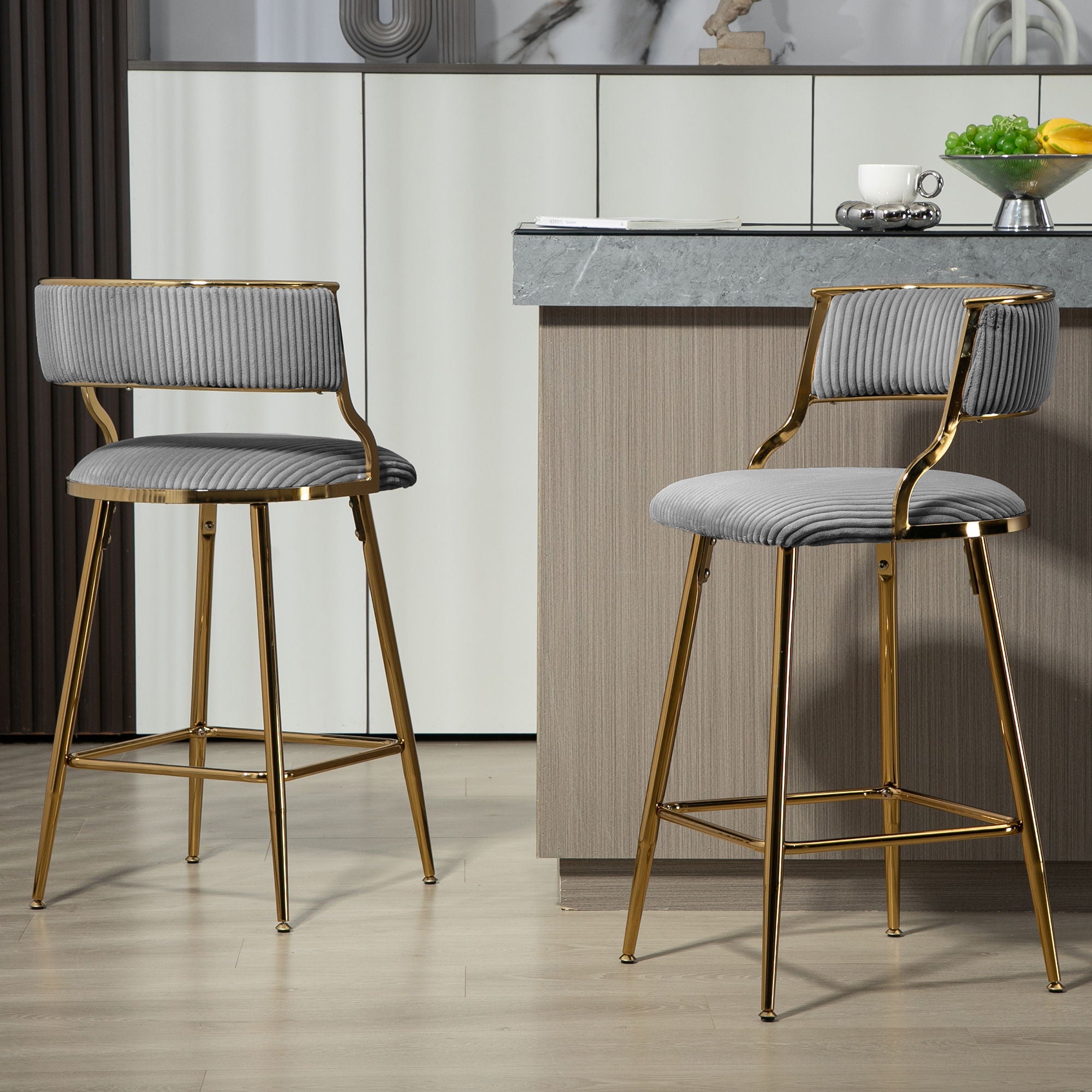 Counter Height Bar Stools With Powder Coating Base And Footrest (Set of 2) - Beige