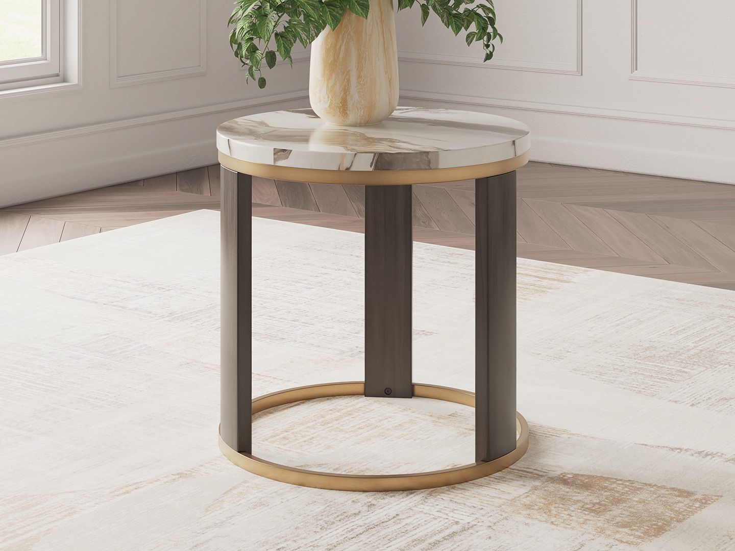 Jazmore - Round End Table - Brown / Brass Finish - Best Buy Furniture