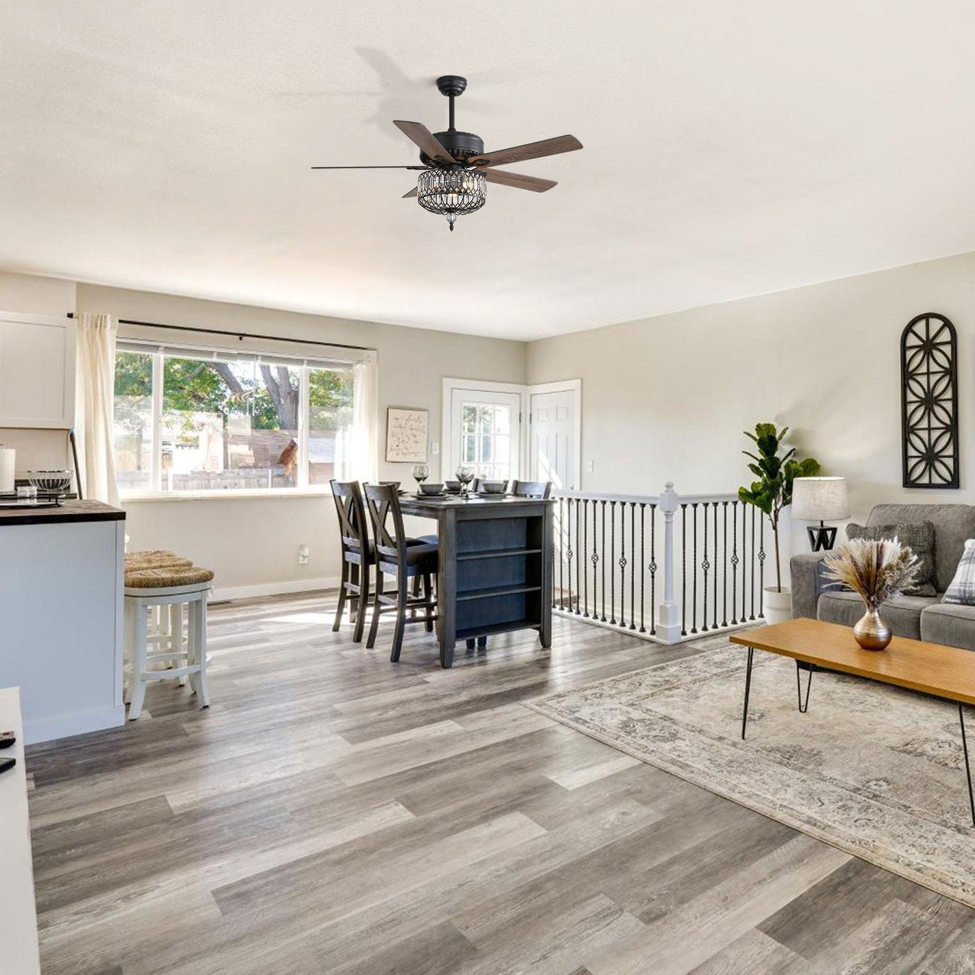 Ceiling Fan With Crystal Lampshade, 5 Blades, DC Motor, 6 Speed Remote Control, 1 / 4 / 8 Hour Timer - Black