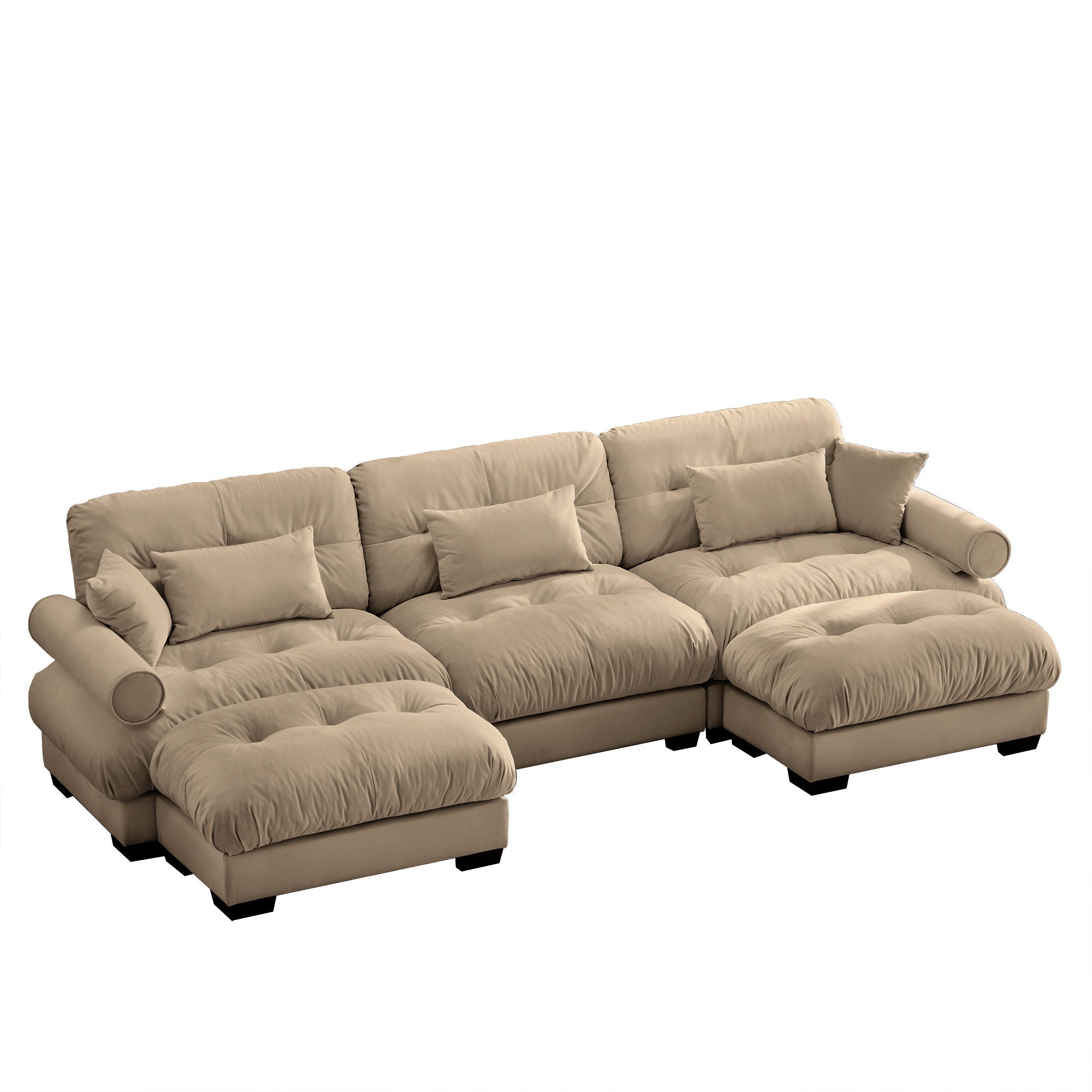 Modern Sectional Sofa With Ottoman, Round Bolster Armrests, Waist And Throw Pillows