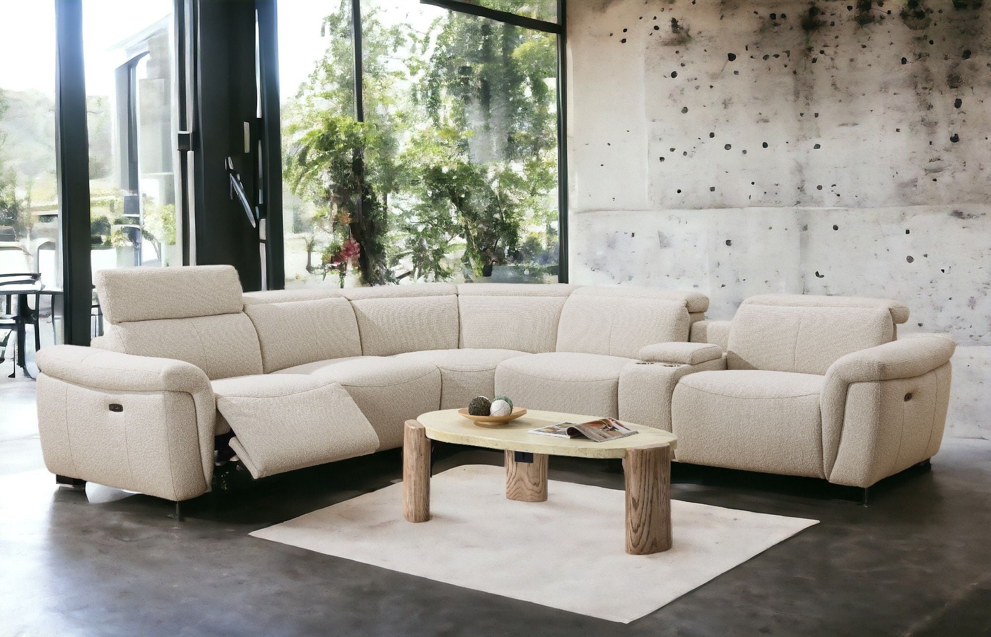 Dayana - Boucle Power Recliner Sectional Sofa For 5 People With Cupholder Console Adjustable Headrest - Beige