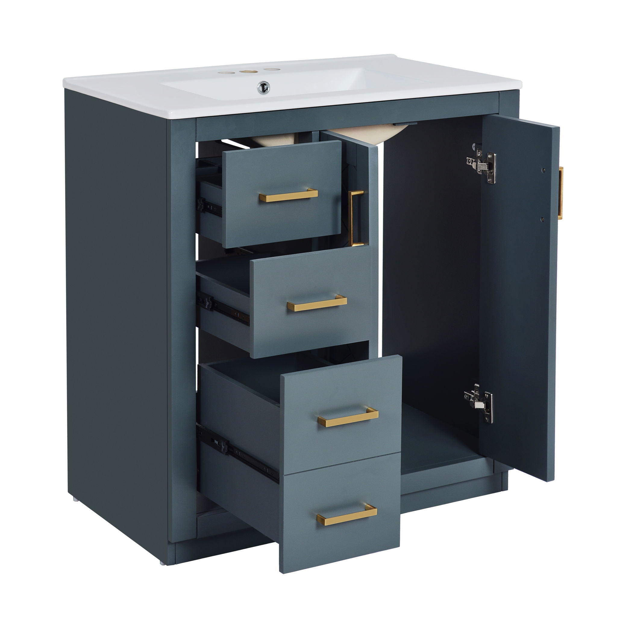 Ceramic Sink Combo, Freestanding Vanity Set With 3 Drawers & Soft Closing Doors