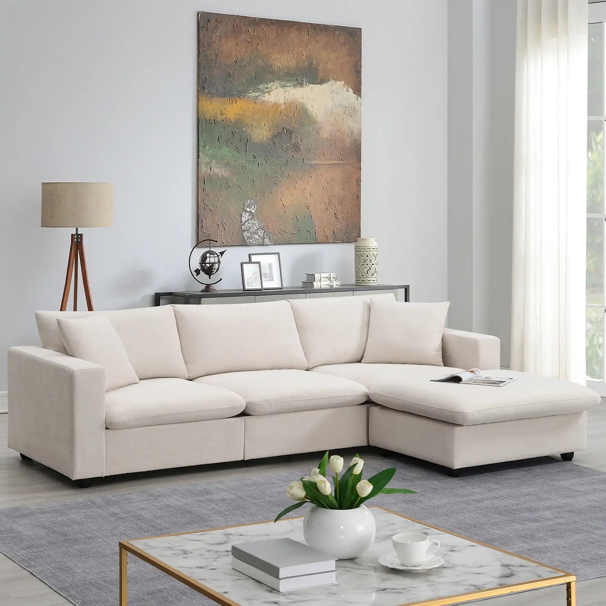 Modern L-Shaped Sectional Sofa Set, 4-Seat Polyester Couch, 4 Colors
