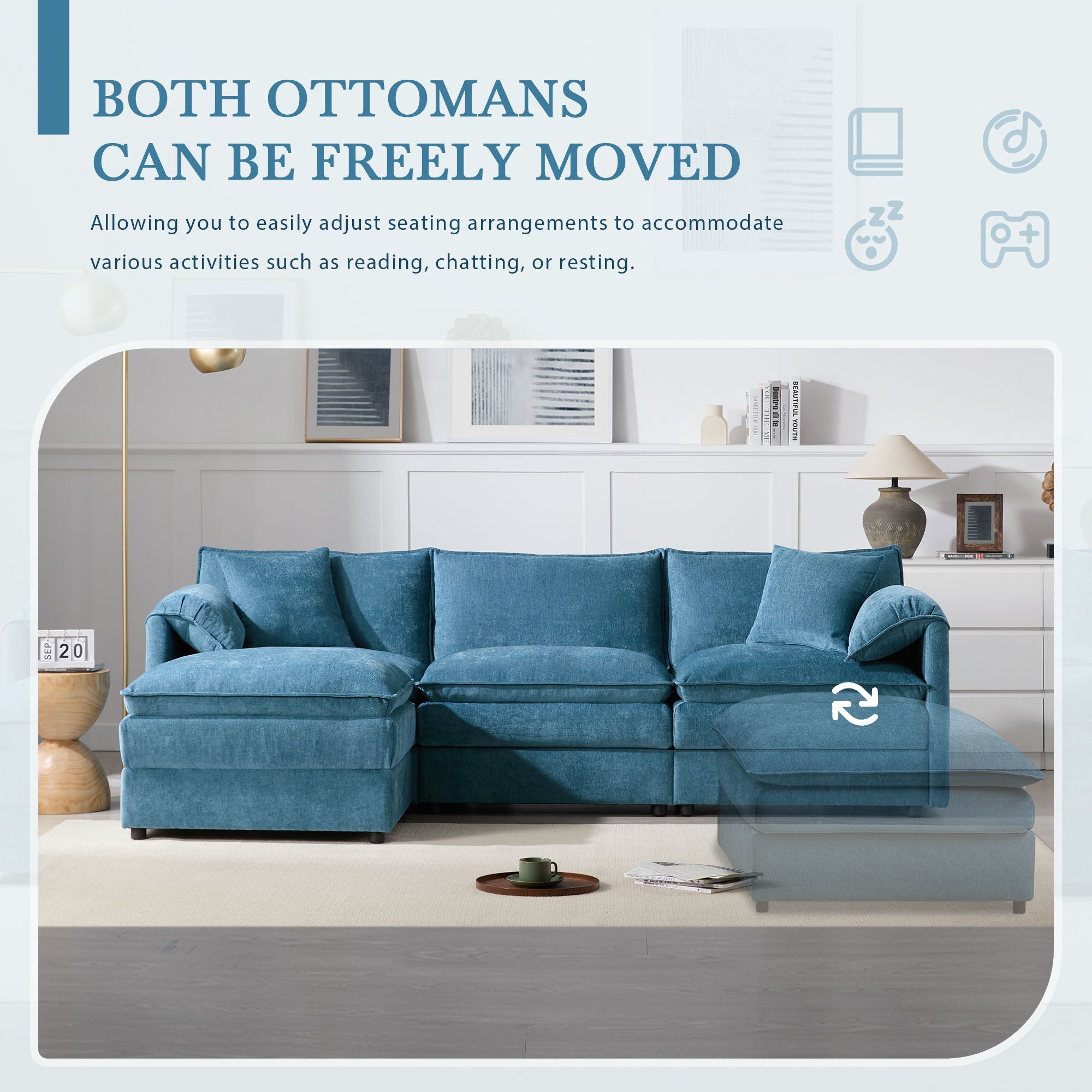 Modular Sectional With Deep And Wide Seat, Cloud Couch Set With Double Cushions Sofa With Movable Ottoman