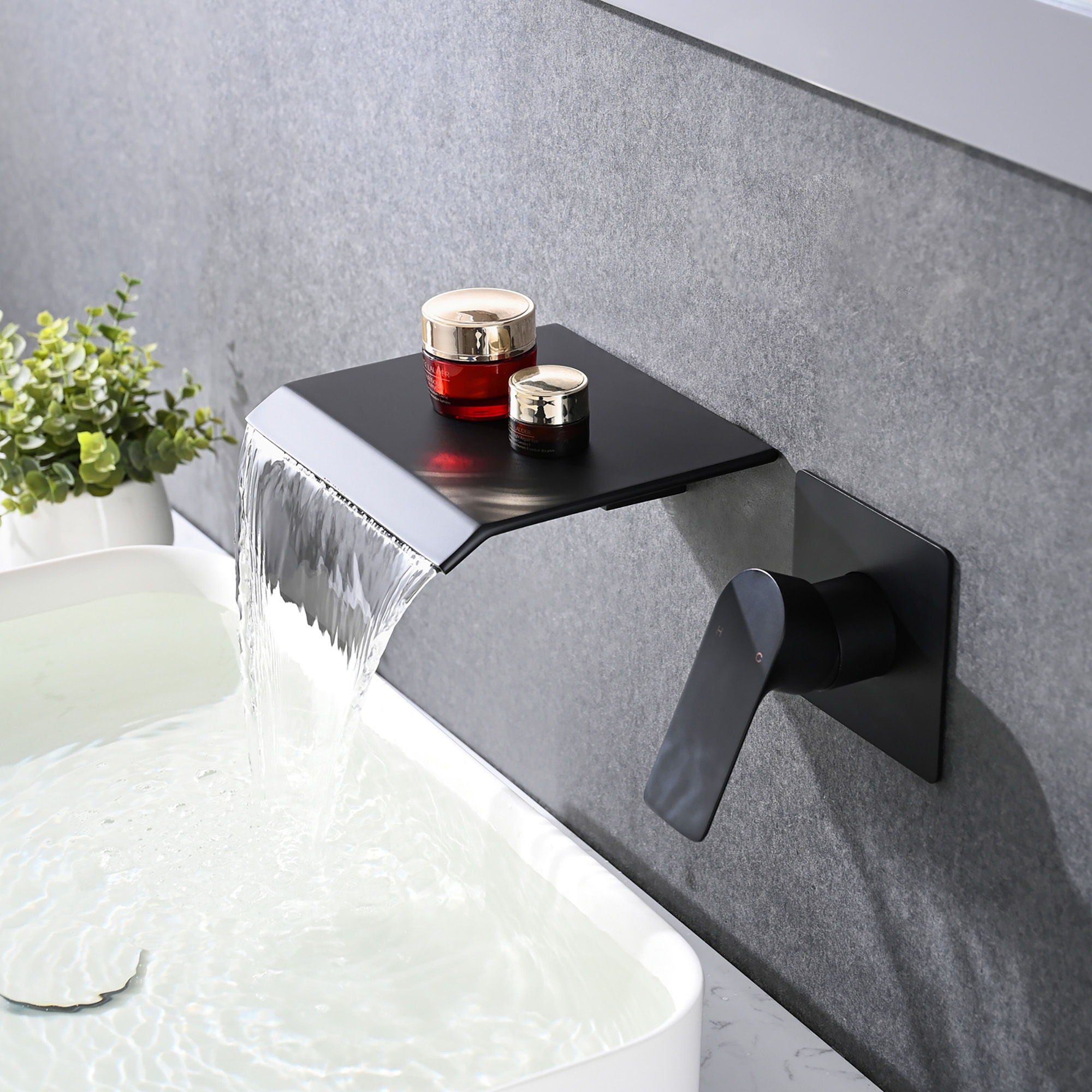 Modern Wall Mount Bathtub Faucet With Waterfall Tub Spout And Single Handle Stainless Steel - Matte Black