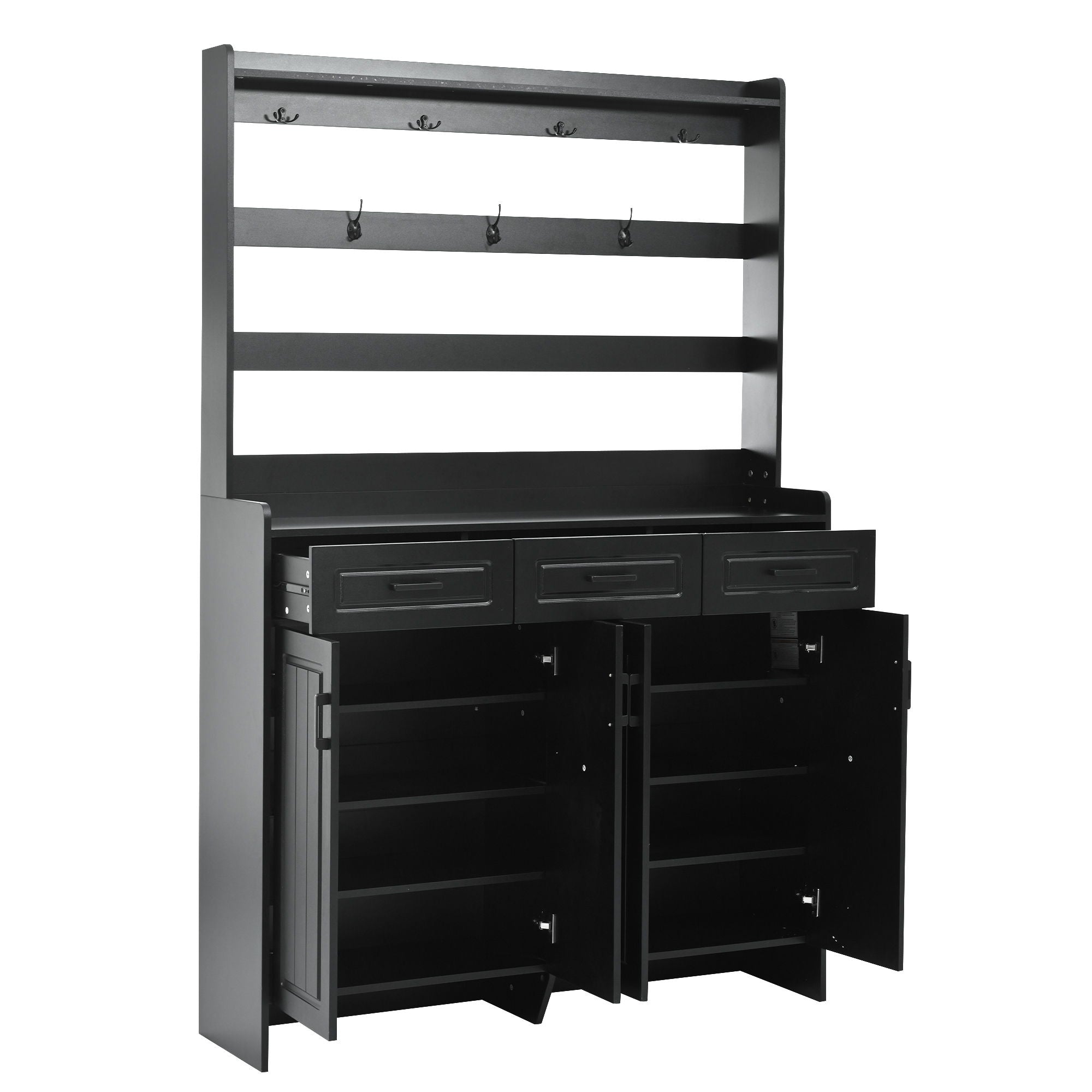 Minimalist 4 Door Shoe Cabinet With Coat Rack, 3 Drawers, 8 Shelves, Metal Hooks And Handles