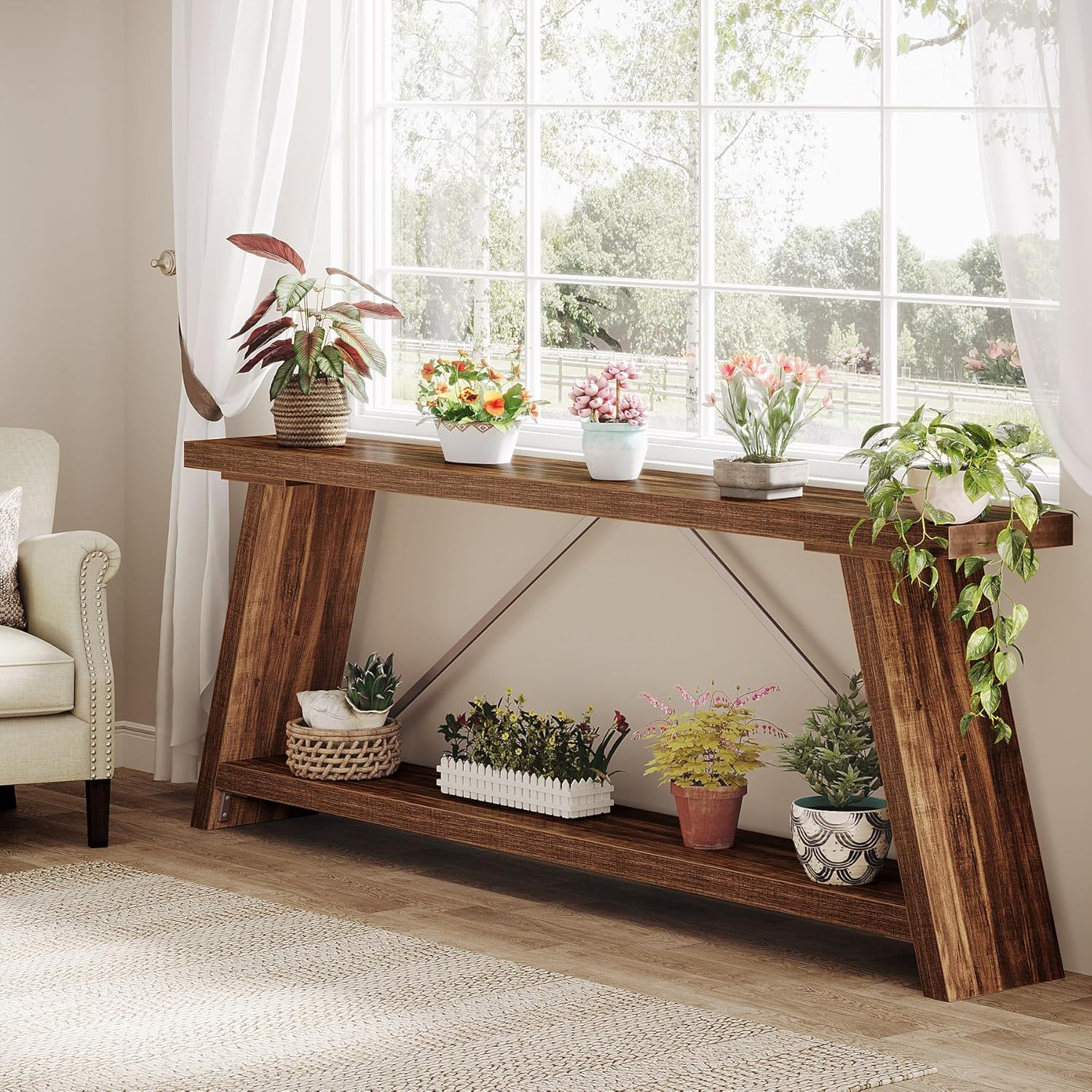 Extra Long Sofa Table With Storage For Living Entryway - Dark Walnut