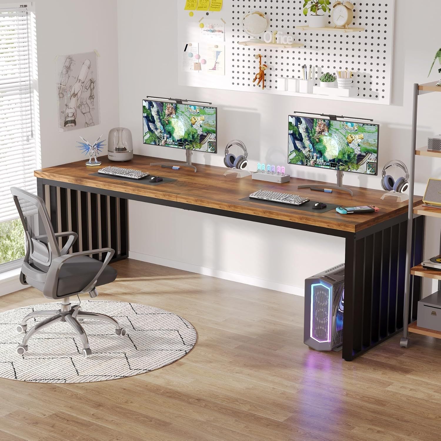 78.74 Inches Double Computer Desk for 2 Person – Extra Long Industrial Workstation with Heavy Duty Metal Frame, Large Dual Study Table for Home Office, Brown and Black Finish