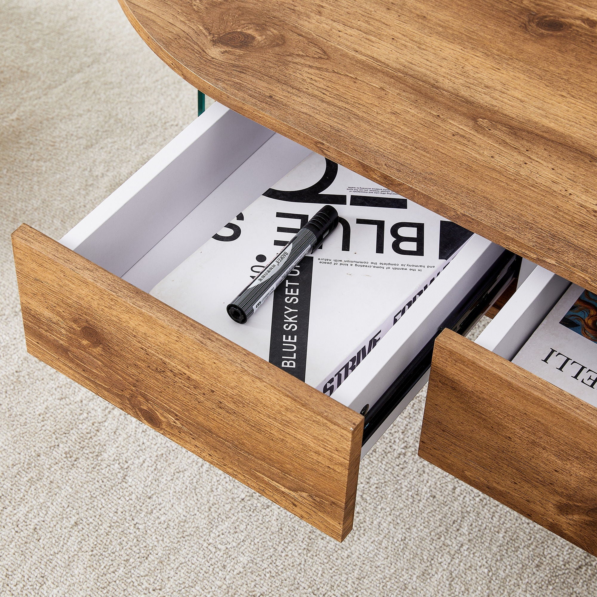 Elegant Coffee Table With Double Drawers And Transparent Glass Sides - Wood