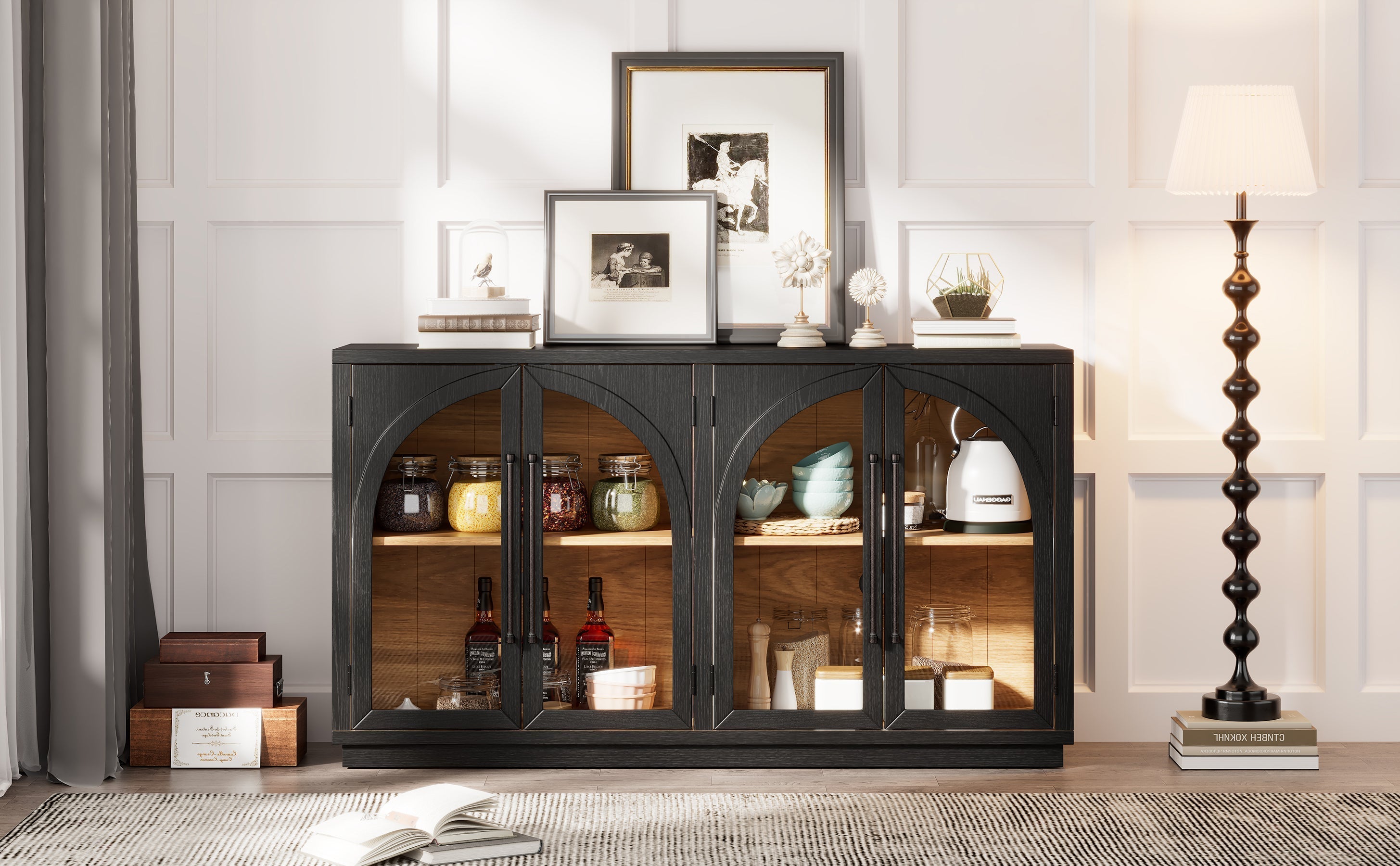 4-Door Large Storage Sideboard Buffet Cabinet with Glass Doors Arched Cabinet (Black)