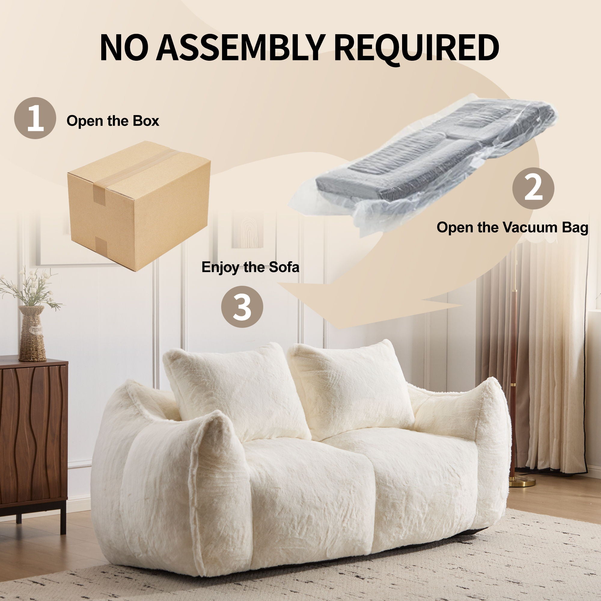 Giant Bean Bag Couch, Ultra Soft Fluffy Loveseat For Living Room Reading Chair With Pillows - White