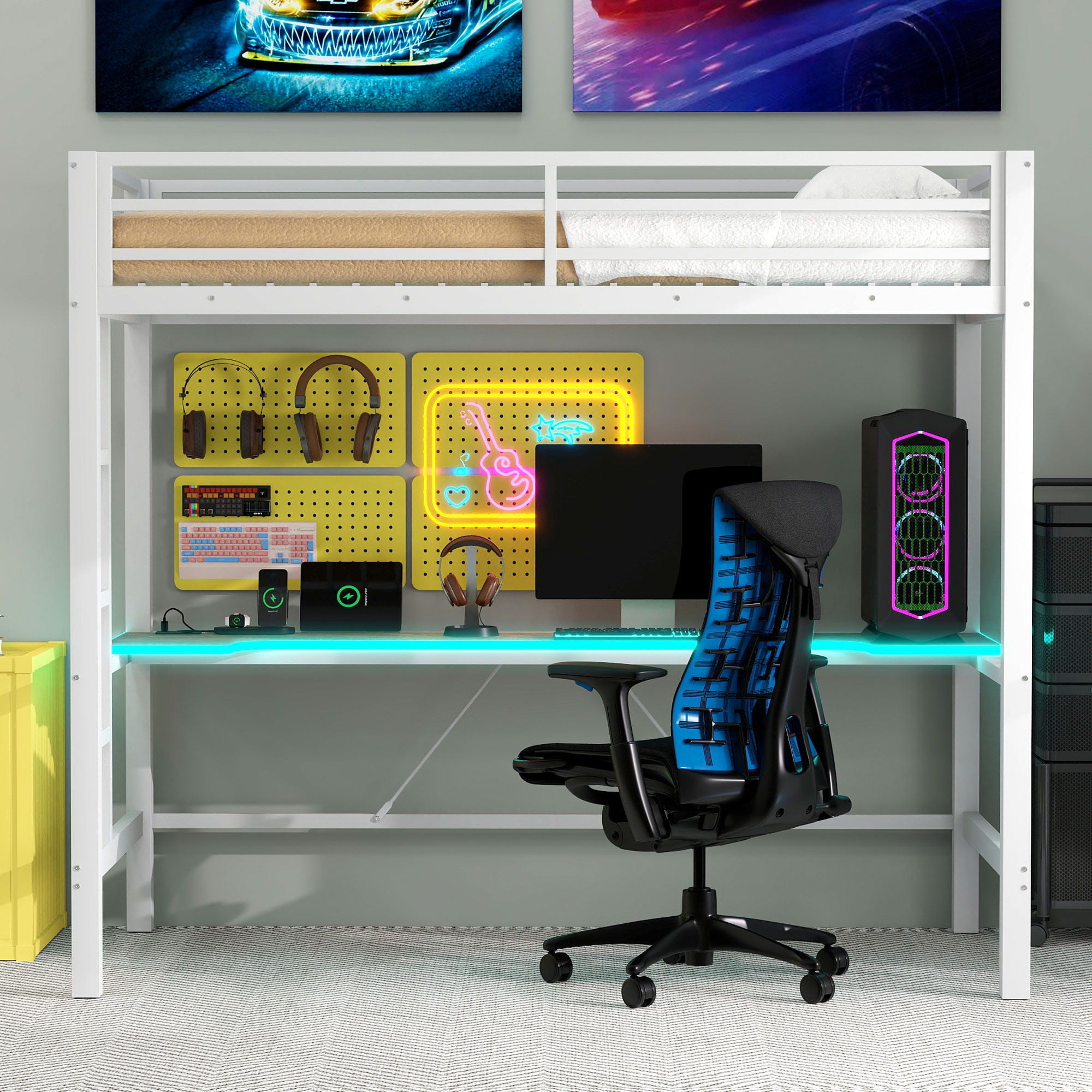 Gaming Metal Loft Bed Frame With LED Light, USB Charge Station And Desk