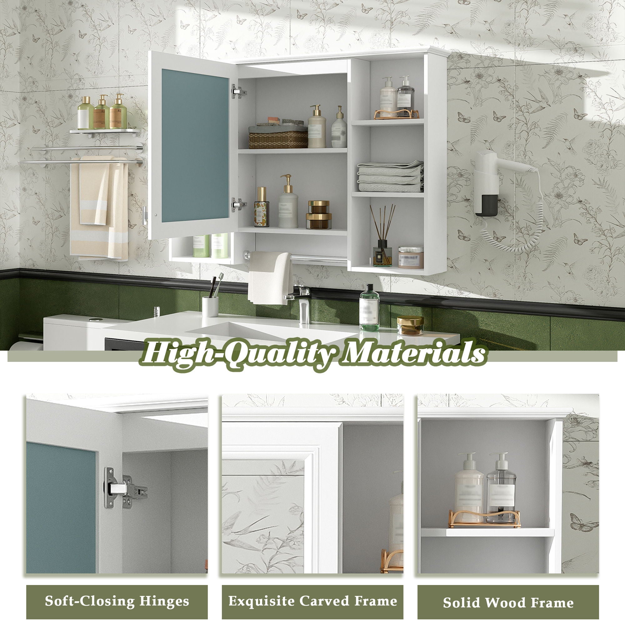 3 In 1 Modern Bathroom Mirror Cabinet With Adjustable Shelf, Soft Close Door, High Definition Mirror & Towel Bar