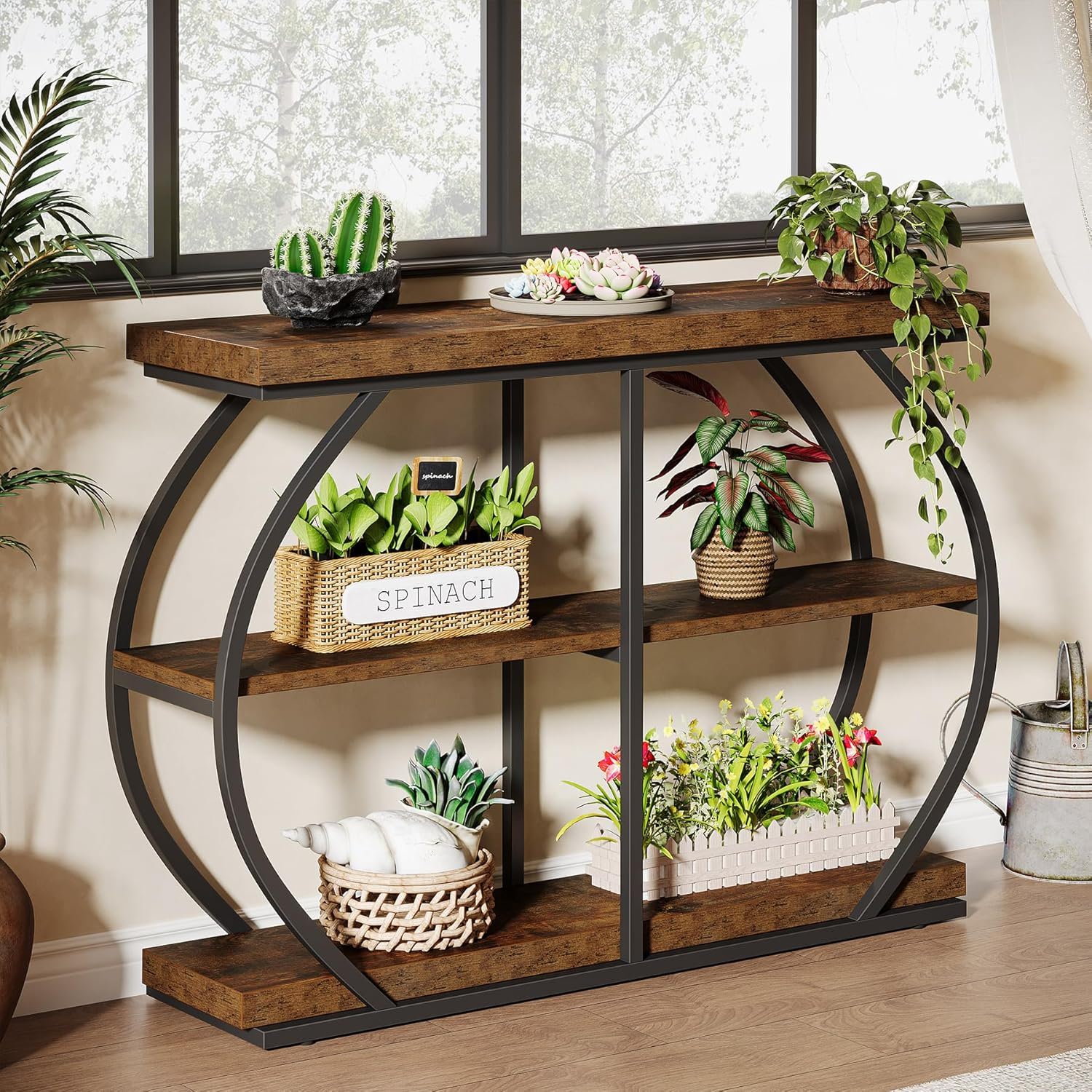 Console Table With Arched Frame, 3 Tier For Living Room - Brown / Black