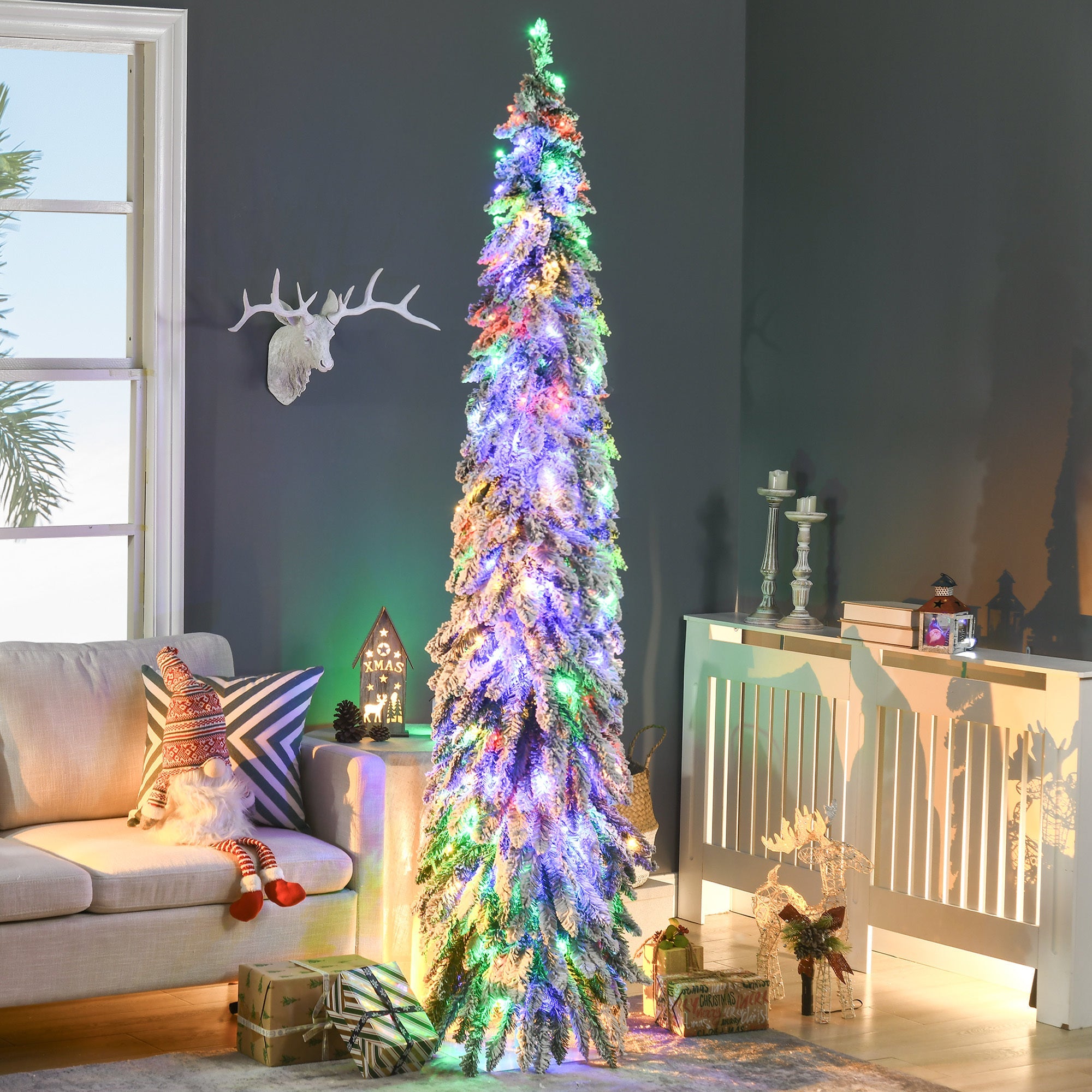 7ft-Tall-Prelit-Pencil-Artificial-Christmas-Tree,-350-Warm-White-or-Colorful-LED-Lights-Christmas-Trees