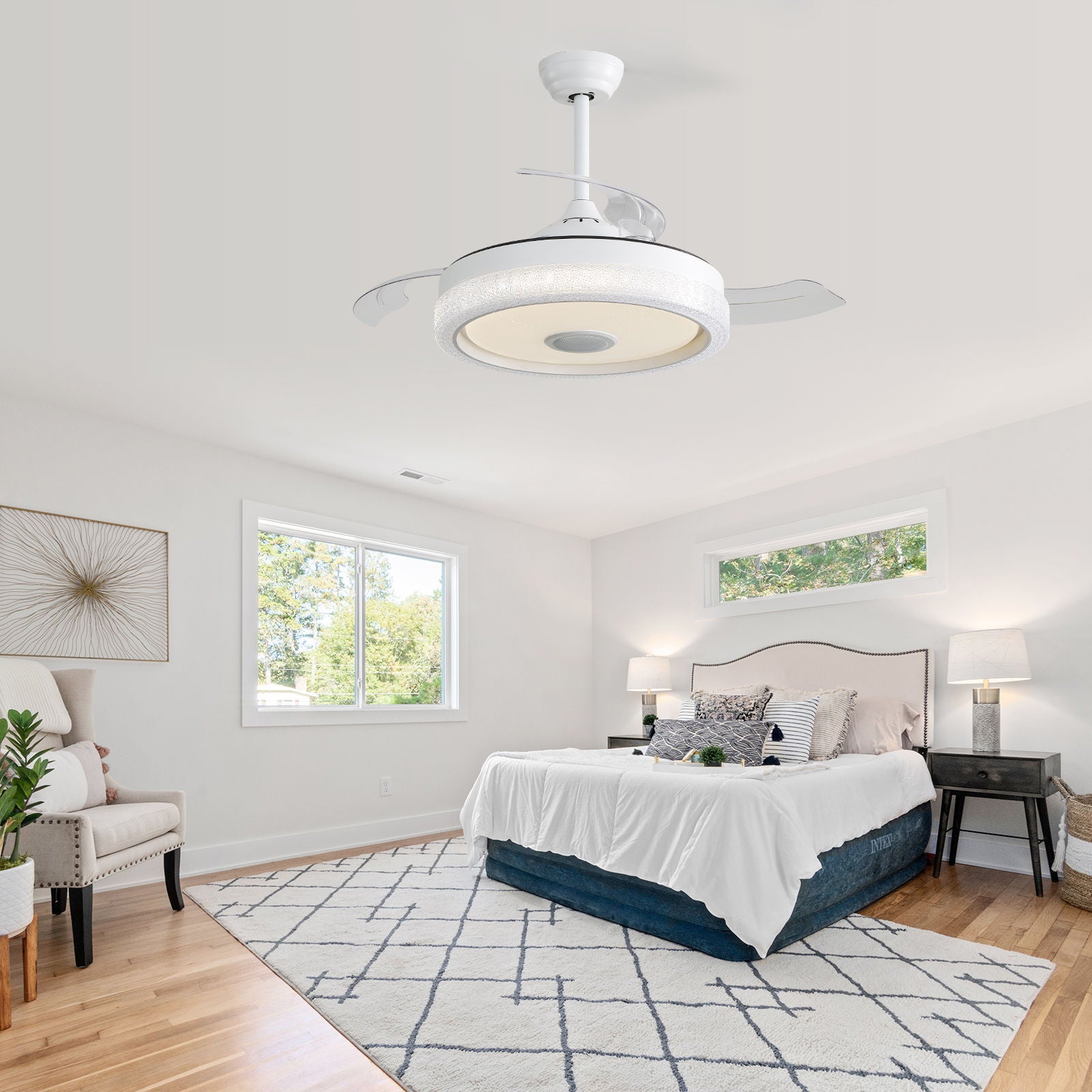 Invisible Ceiling Fan With Remote Control And 36W LED Light, 120V DC Motor, 3 Blades - White