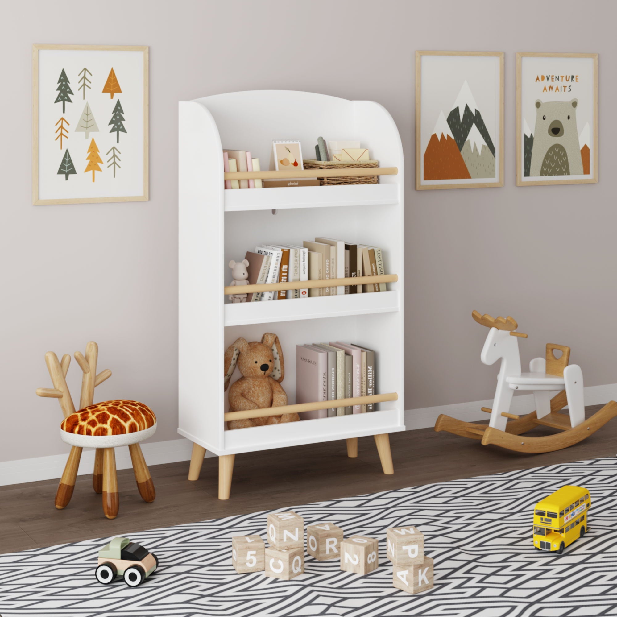 Bookshelf 3 Tier Book Organizer With Toy Storage - White