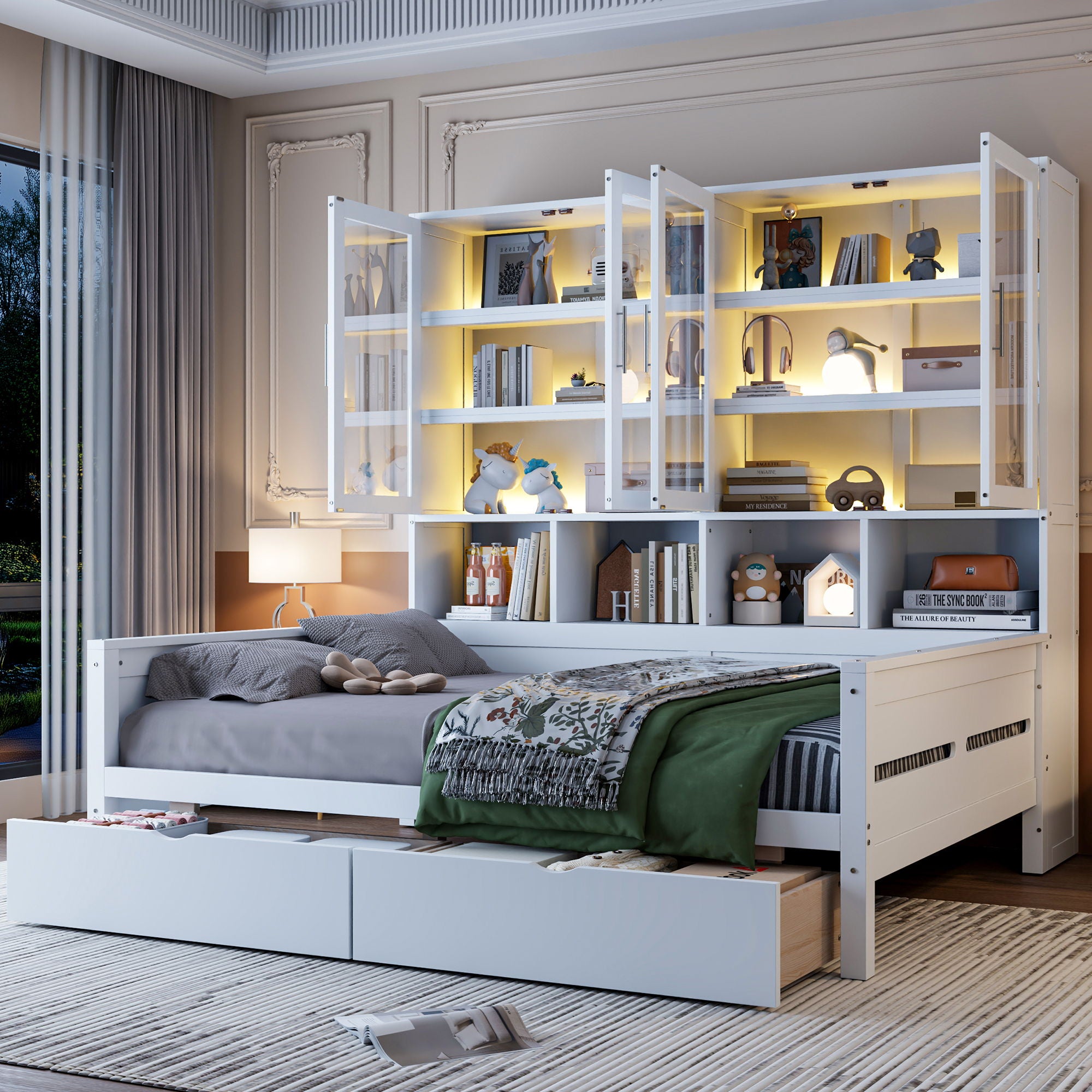 Daybed With Glass Door Storage Cabinets, Built In LED Lighting And Shelves