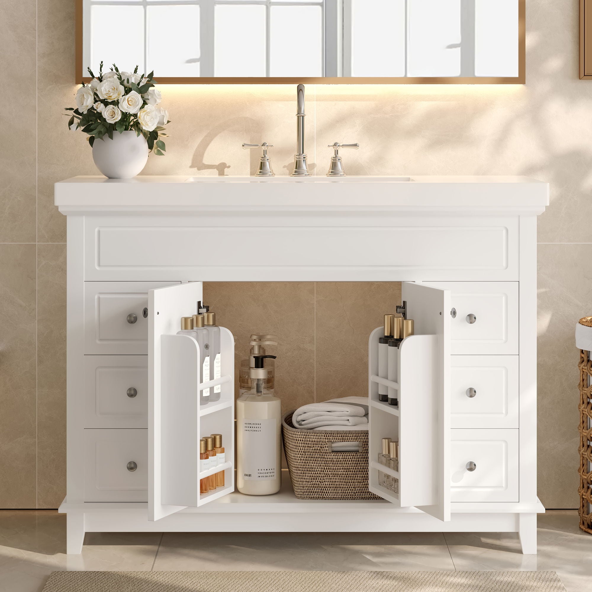 Bathroom Vanity With Sink, 6 Soft Close Drawers & Double Doors - White