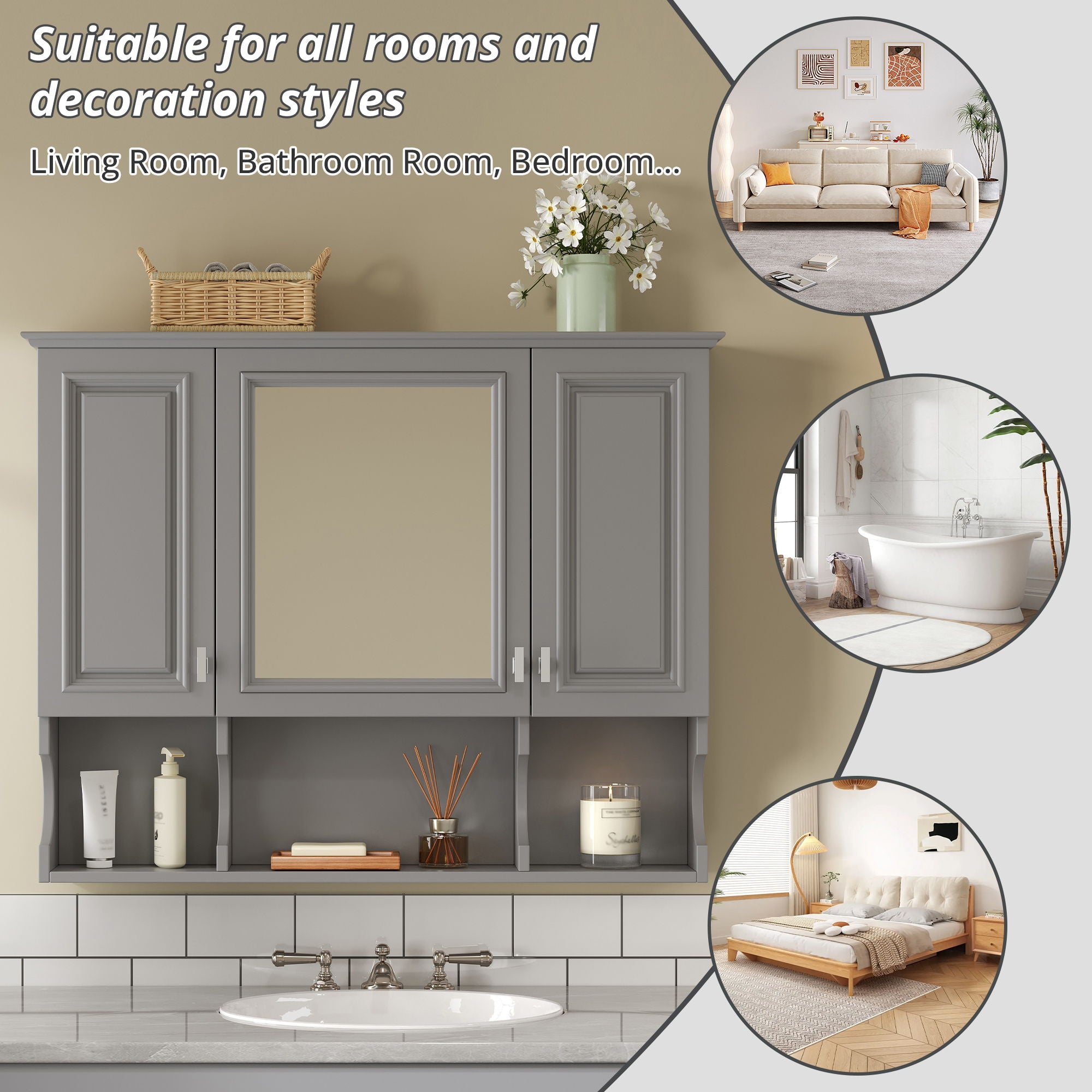 Wall Mounted Bathroom Medicine Wall Cabinet With Mirror & Open Shelves