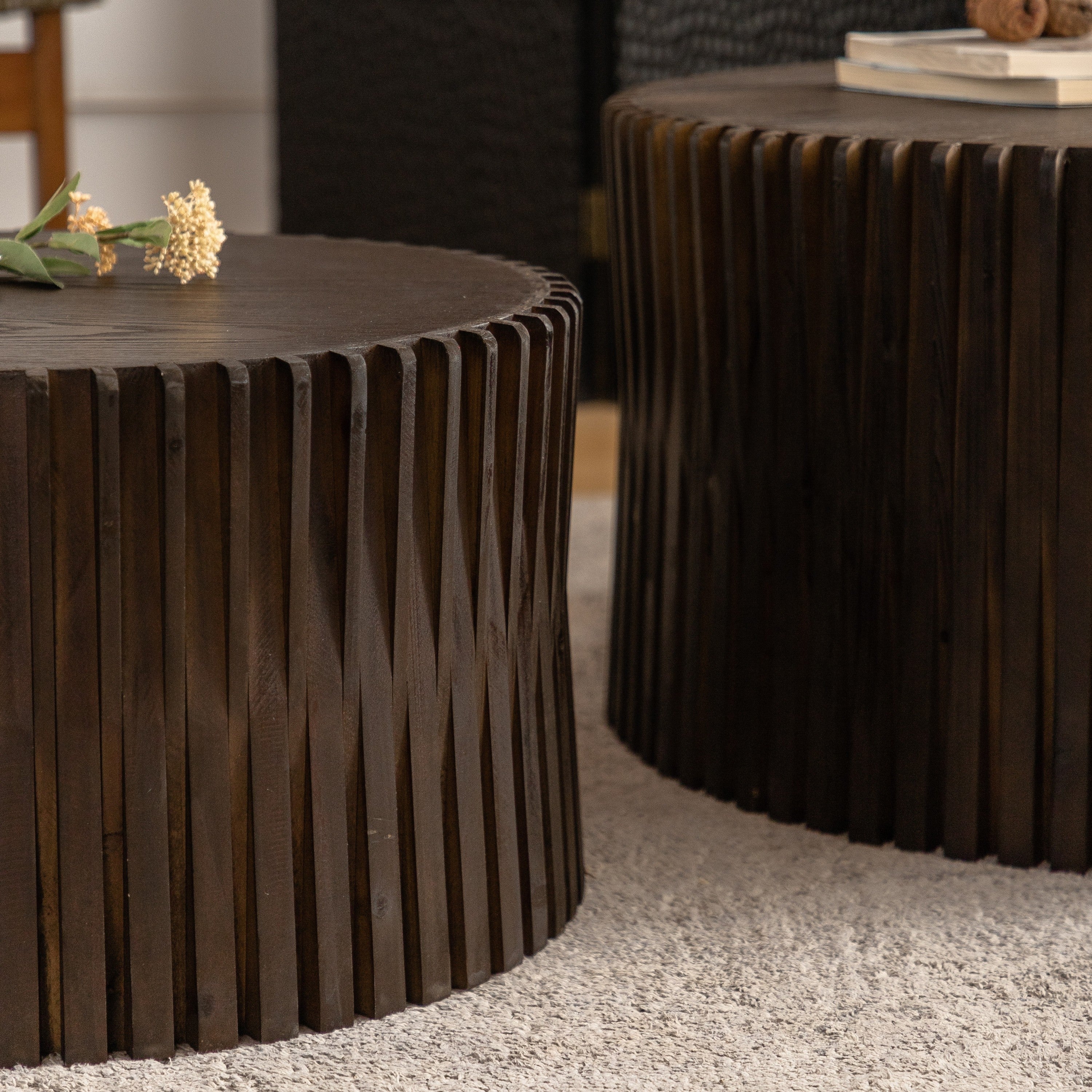 Vintage Style Cylindrical Nesting Coffee Table Set with Textured Embossed Design