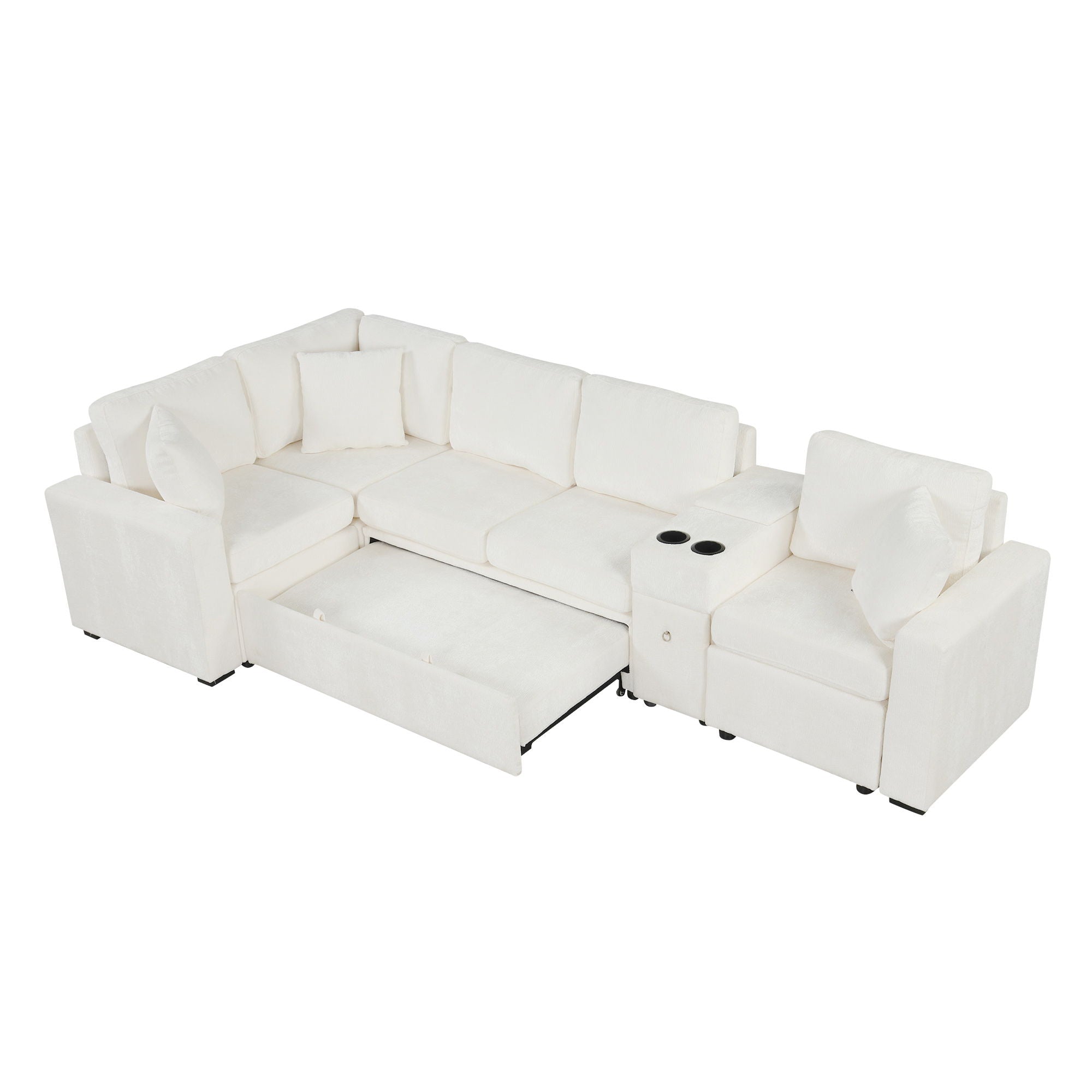 Modular L-Shaped Sectional Sofa Bed With Pull-Out Sleeper, Cup Holders, And Storage