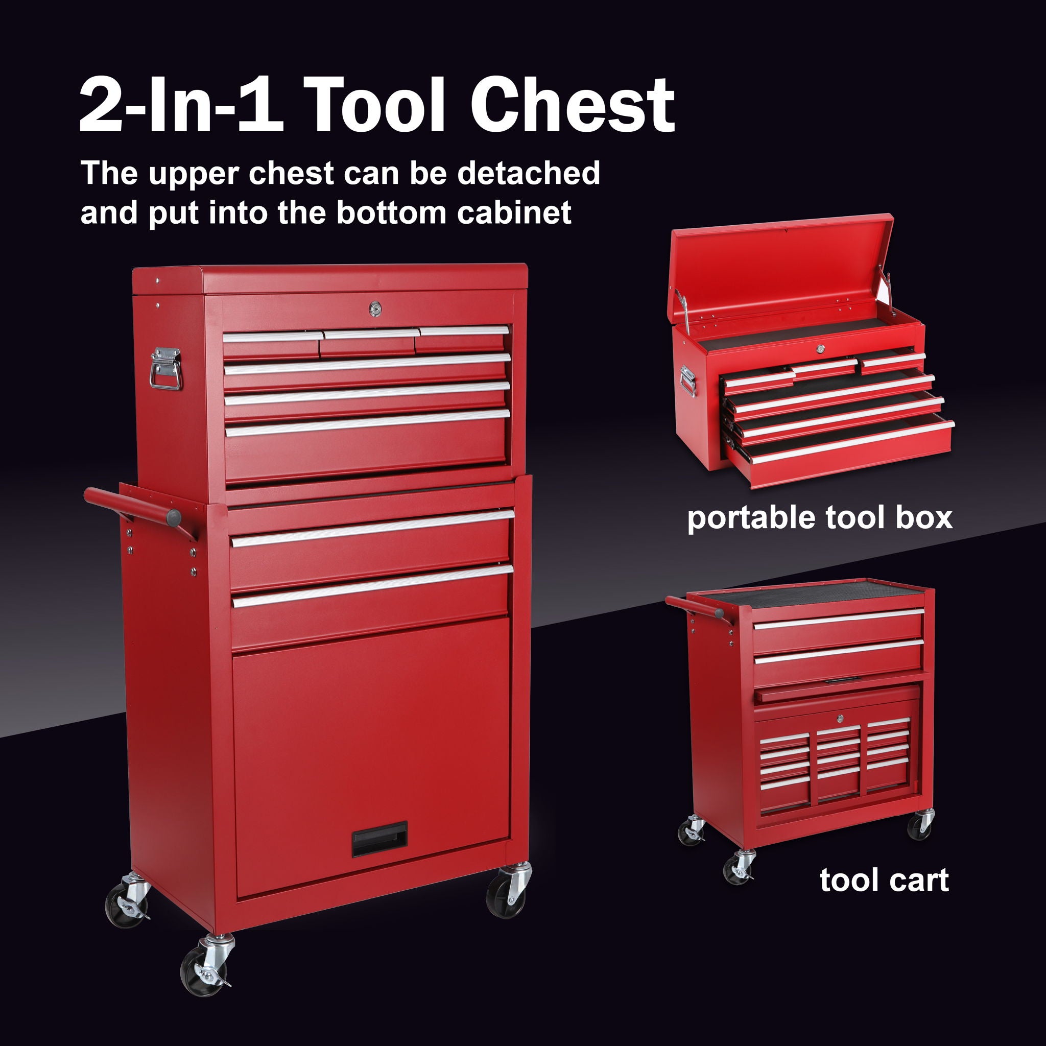 8 Drawer Rolling Tool Chest With 2 In 1 Detachable Top Box, Lockable Wheels - Best Buy Furniture