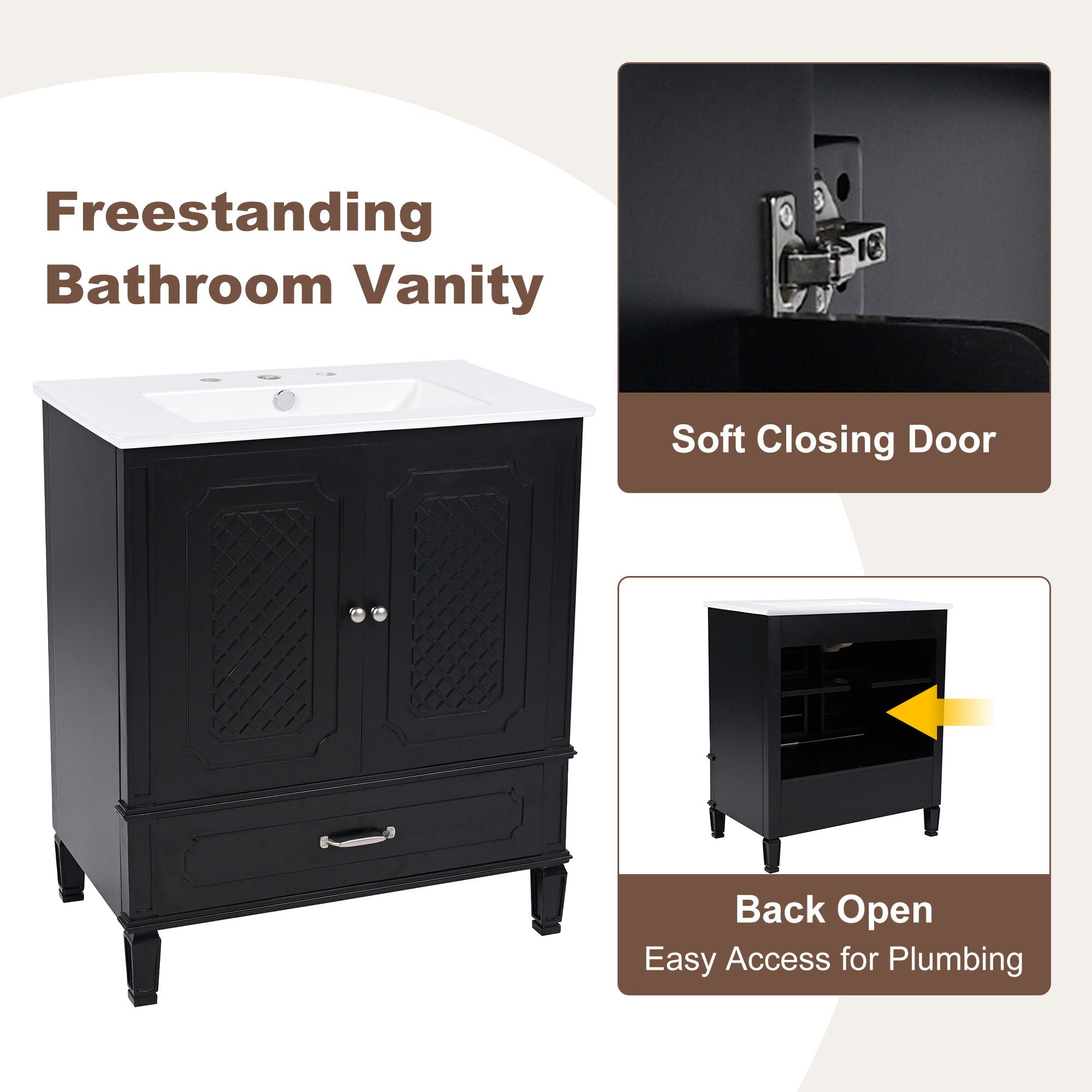 Vintage Style Bathroom Vanity With Sink, Multi Functional Storage, Soft-Closing Door - Best Buy Furniture