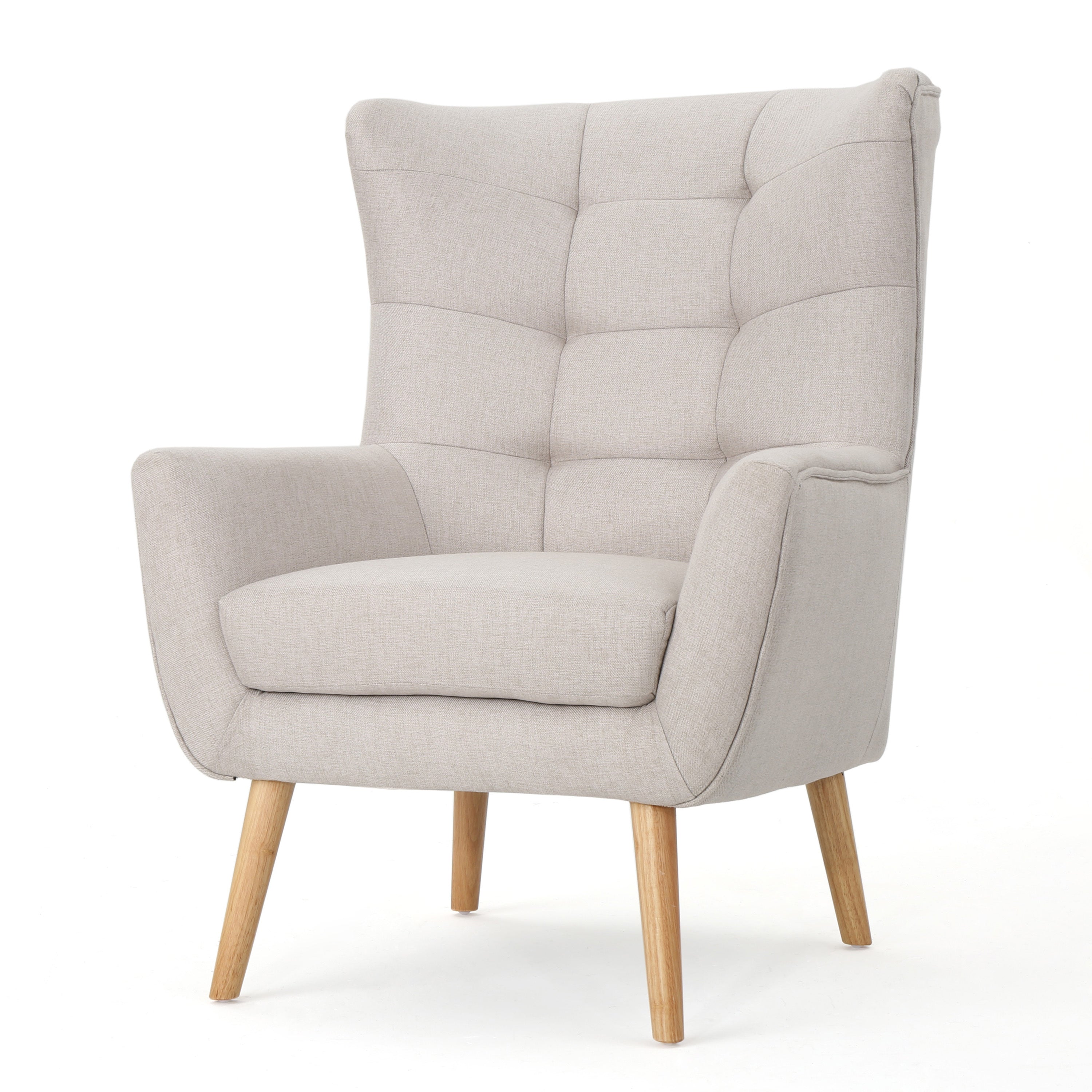 Mid-Century Modern Wingback Club Chair with Tufted Back and Rubberwood Legs in Wheat Fabric