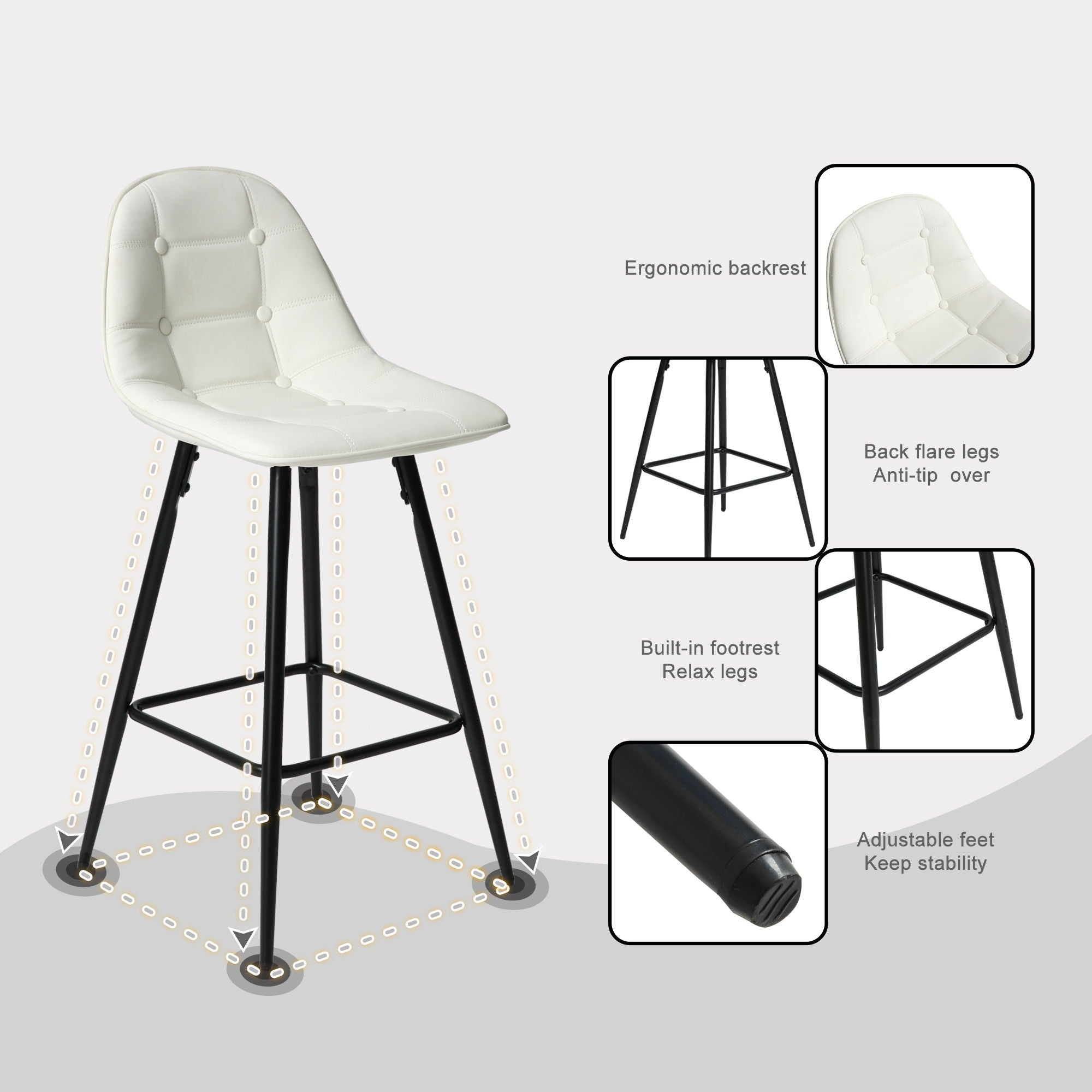 Modern Metal Counter Height Bar Stools With Back And Footrest (Set of 2)