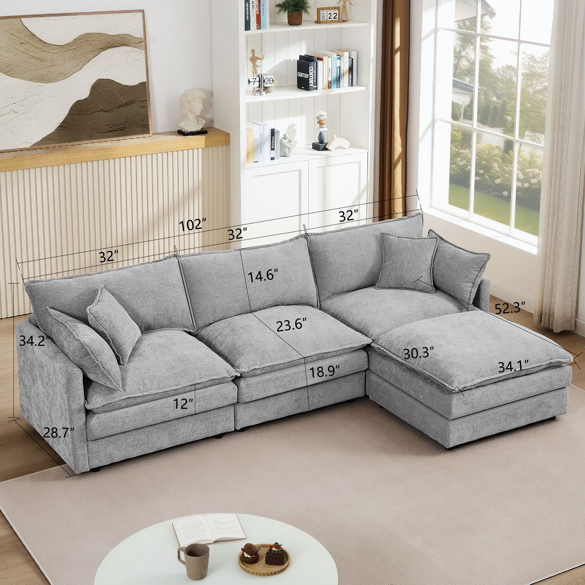 Modular Sectional Sofa L-Shaped Couch Set With Movable Ottoman - Gray