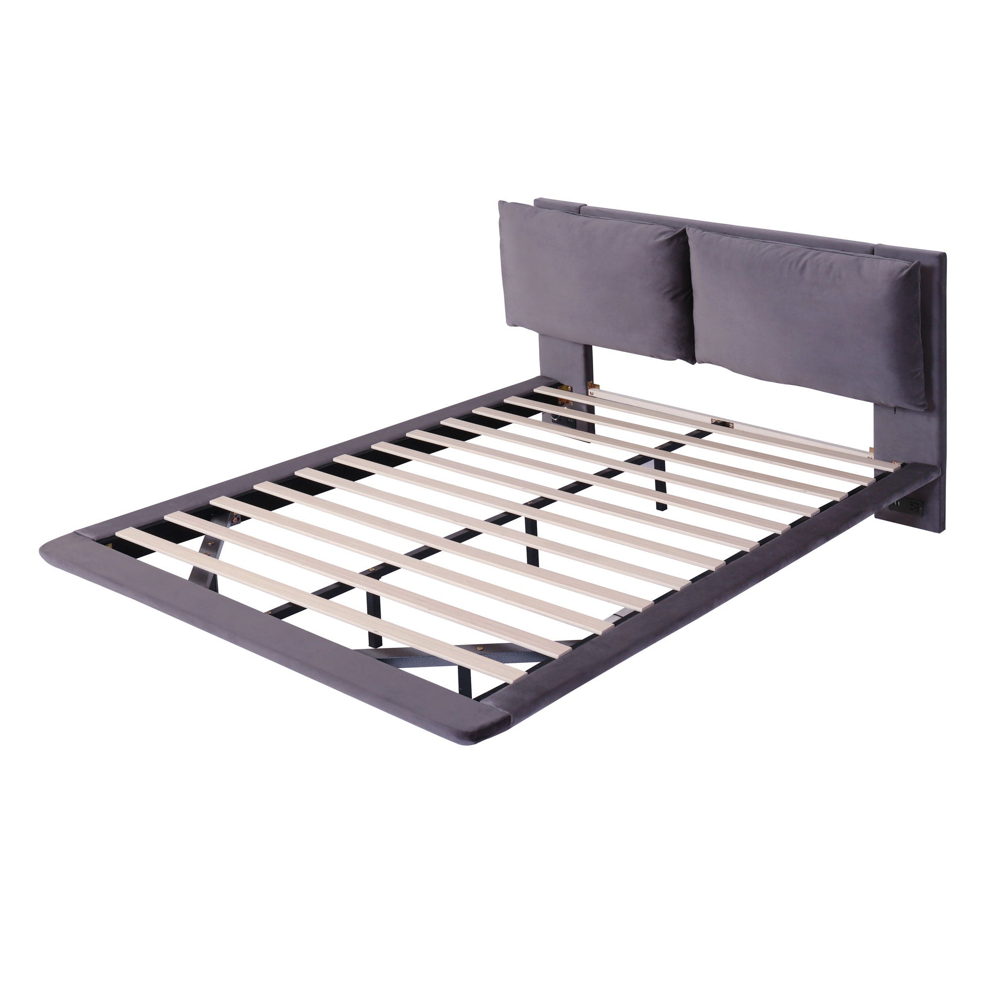 Upholstered Platform Bed With Sensor Light And 2 Large Backrests, With 2 Sets Of USB Port And Socket On Each Rear Bed Leg