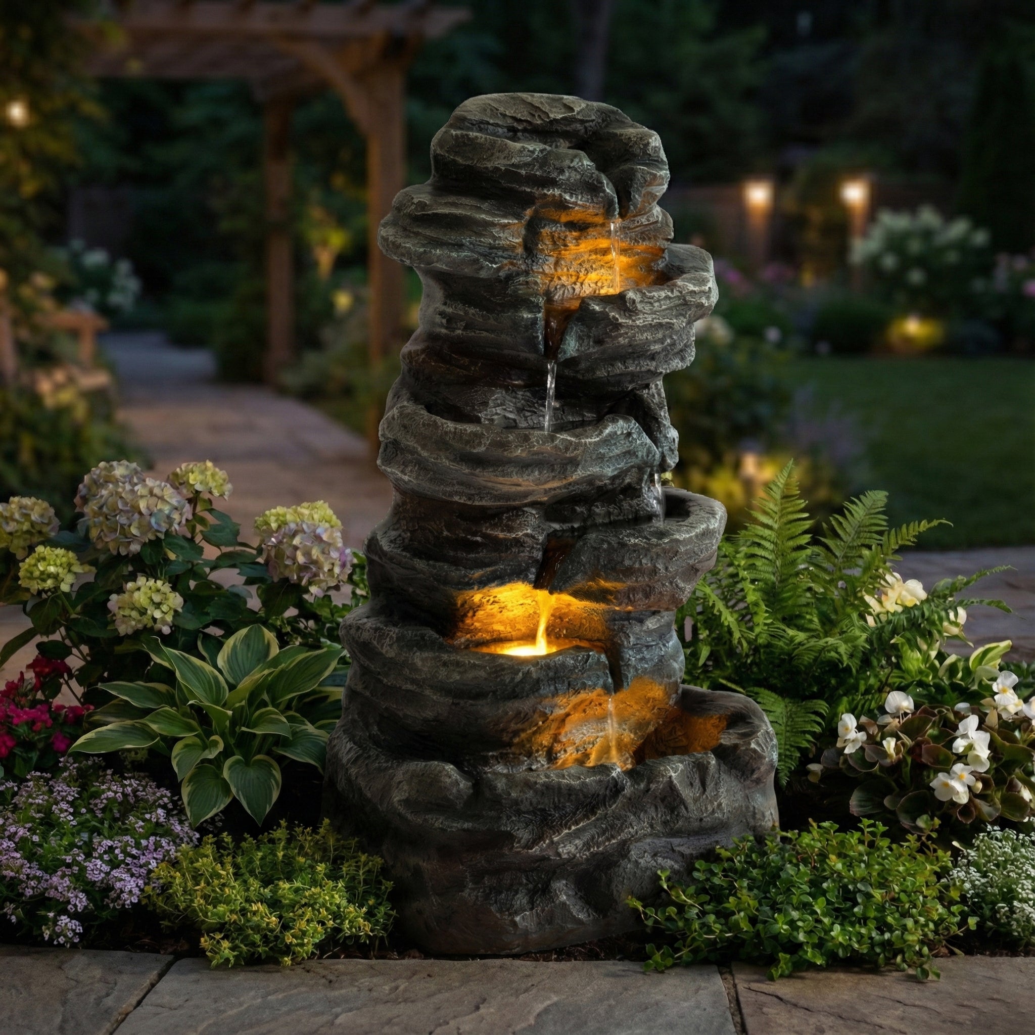 6-Tier Outdoor Cascading Stone Water Fountain with 3 LED Lights