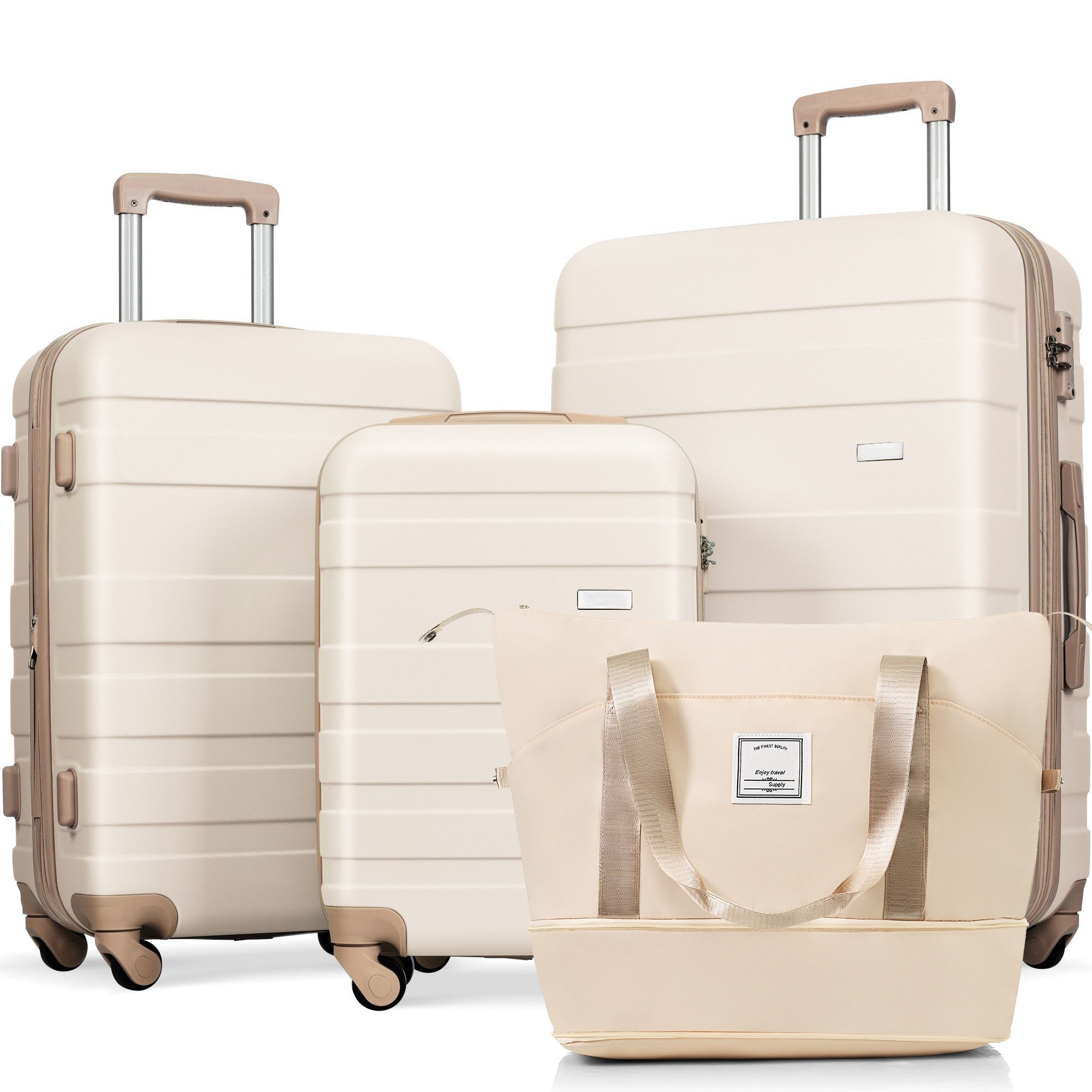 Luggage Sets 4 Piece,  ABS Durable Suitcase with Travel Bag, Carry On Luggage Suitcase Set with 360° Spinner Wheels, ivory and golden