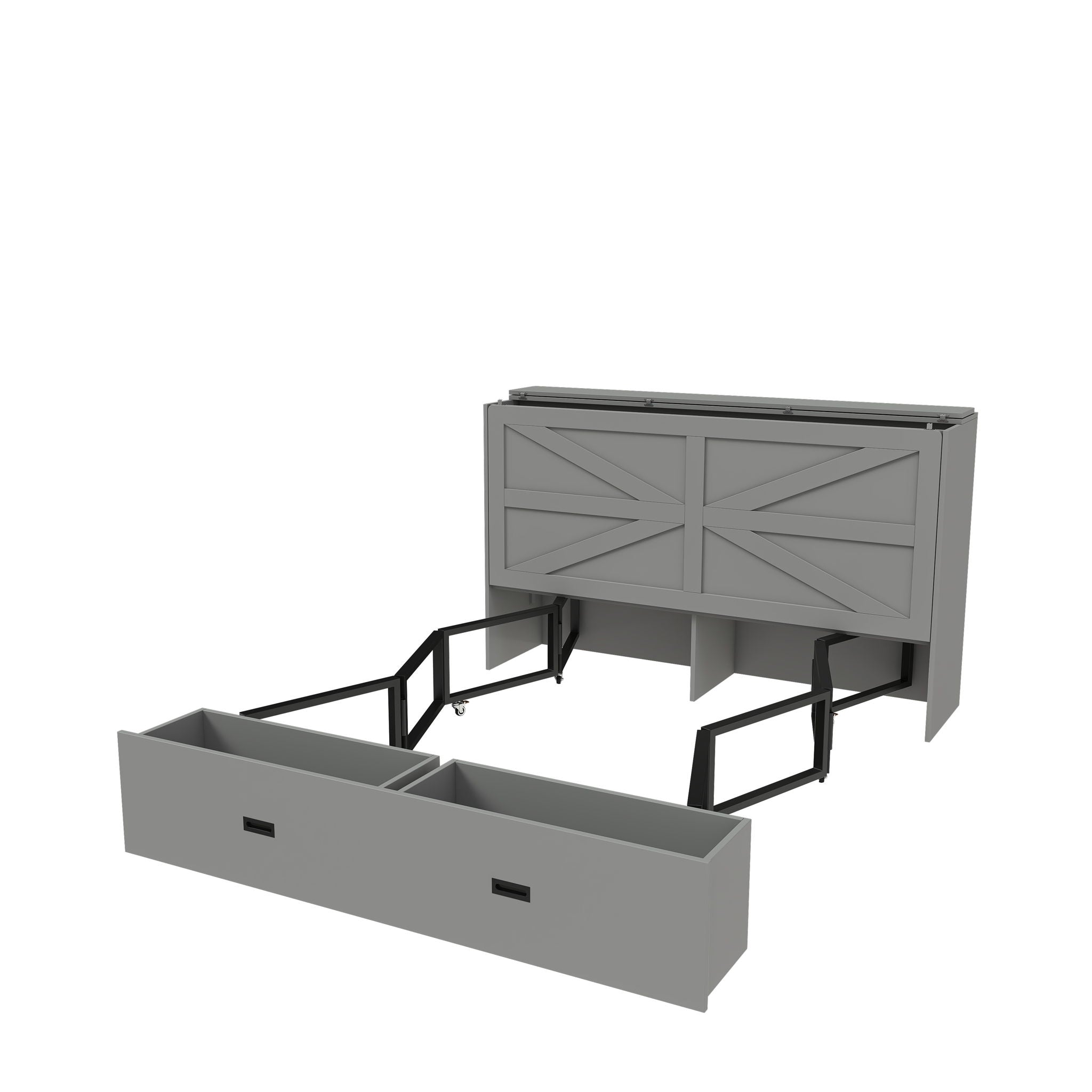 Murphy Bed With Storage Drawers And Charging Cabinet, Foldable Panels, Swivel Wheels