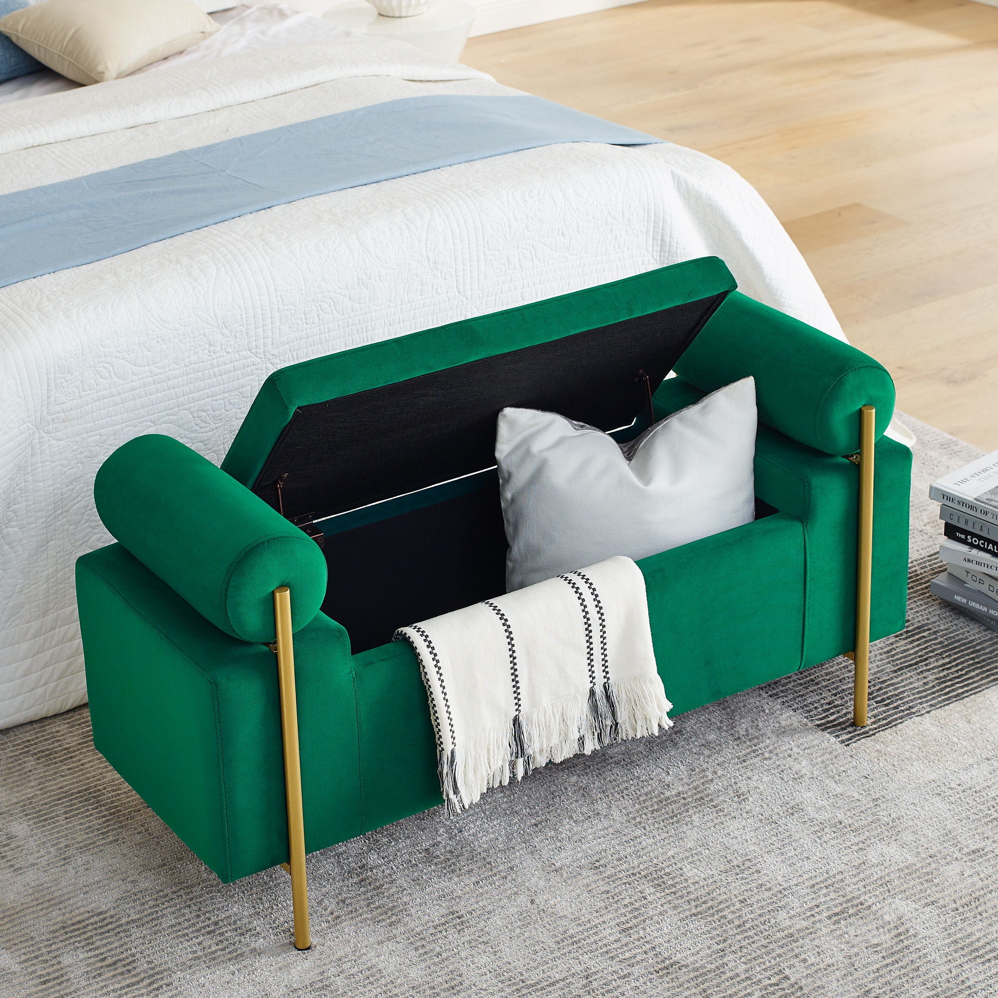 Elegant Upholstered Linen Storage Bench With Cylindrical Arms And Iron Legs, White