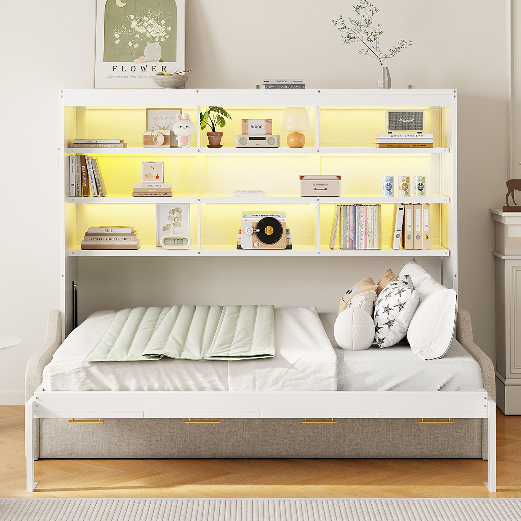 Murphy Cabinet Bed With Folding Sofa, Built In Storage Shelves And LED Light